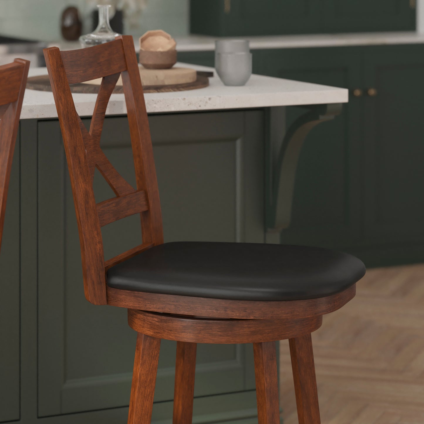 Felicity Commercial Grade Wood Classic Crossback Swivel Counter Height Barstool with Padded Black LeatherSoft Seat, Antique Oak Black Vinyl/Antique Oak Frame