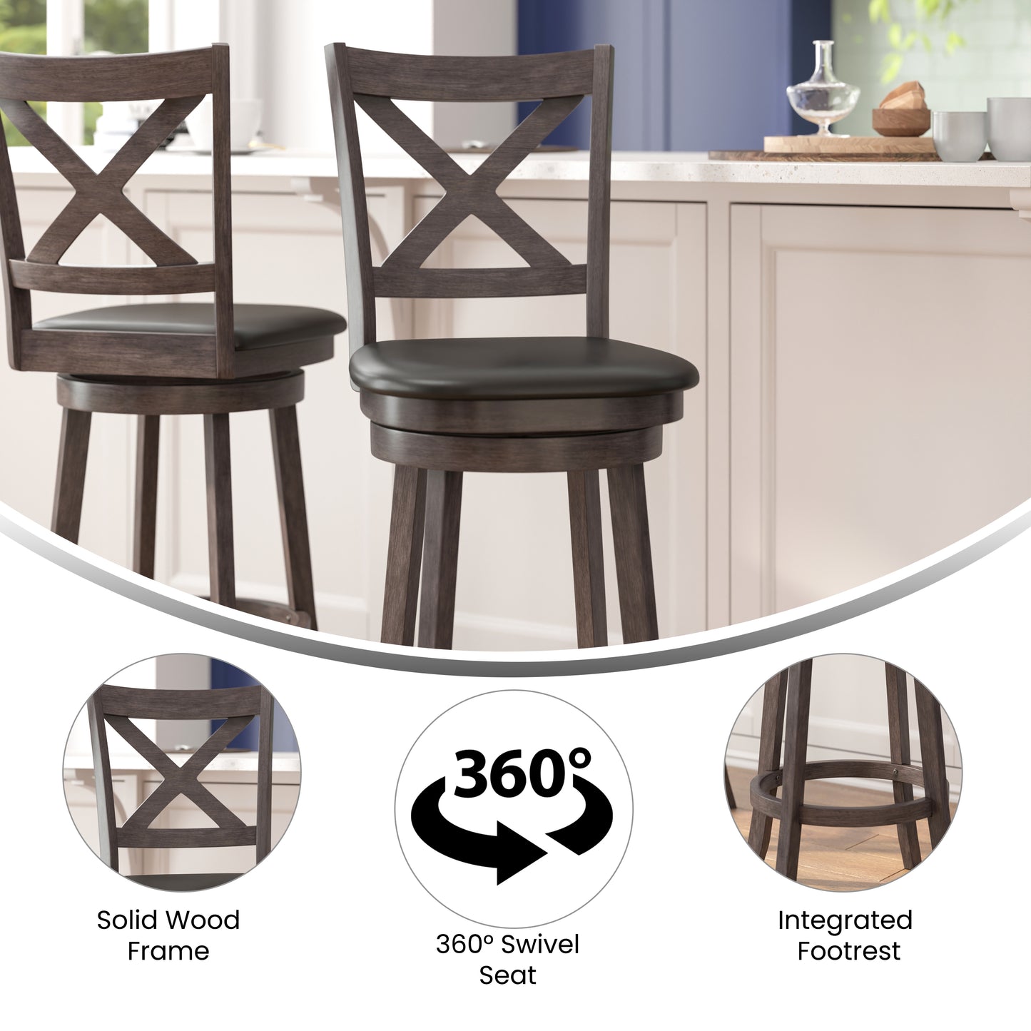 Felicity Commercial Grade Wood Classic Crossback Swivel Bar Height Barstool with Padded Black LeatherSoft Seat, Gray Wash Walnut Black Vinyl/Gray Wash Walnut Frame ES-UN1-29-GY-GG