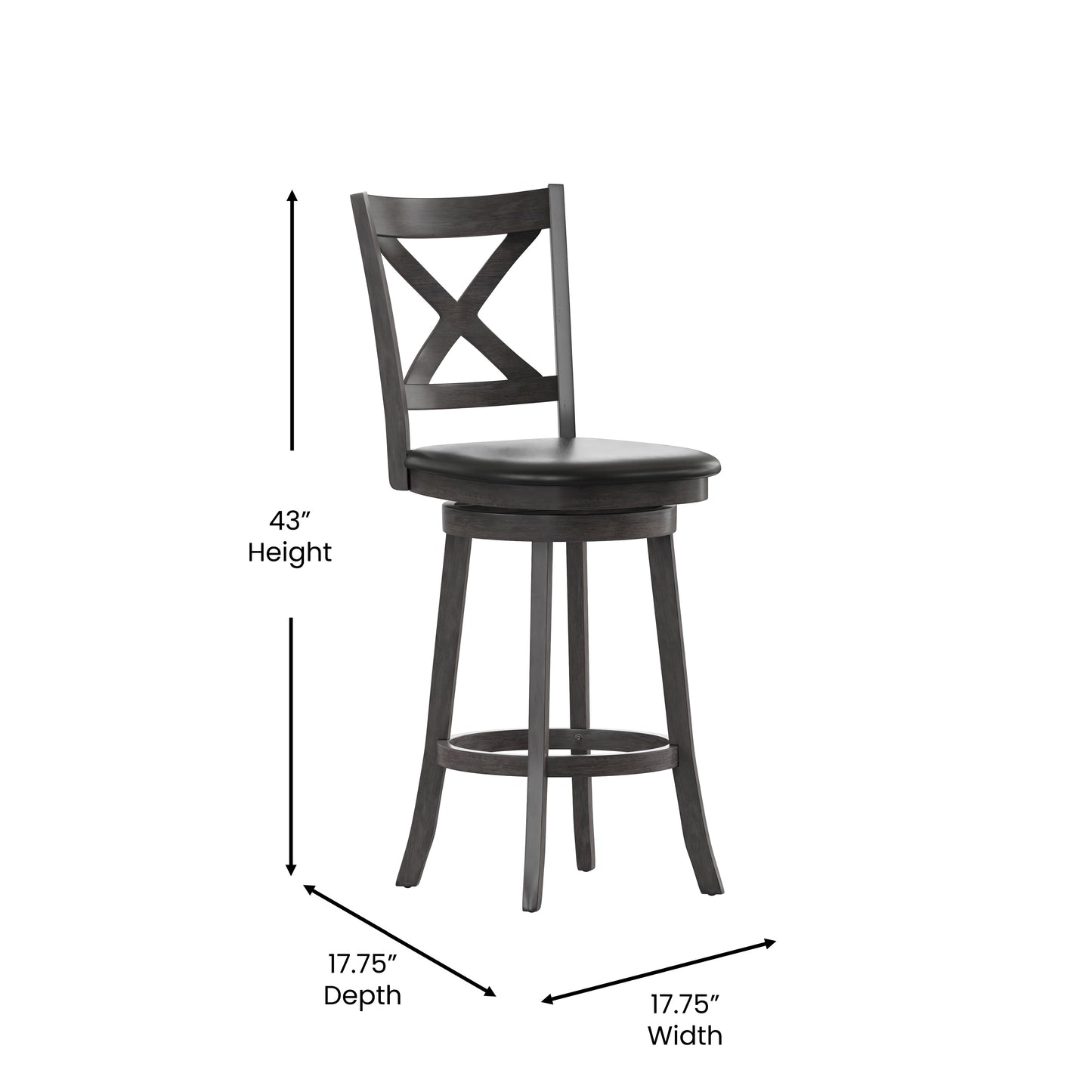 Felicity Commercial Grade Wood Classic Crossback Swivel Bar Height Barstool with Padded Black LeatherSoft Seat, Gray Wash Walnut Black Vinyl/Gray Wash Walnut Frame ES-UN1-29-GY-GG