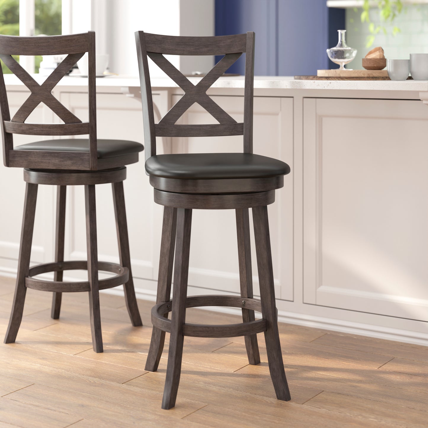 Felicity Commercial Grade Wood Classic Crossback Swivel Bar Height Barstool with Padded Black LeatherSoft Seat, Gray Wash Walnut Black Vinyl/Gray Wash Walnut Frame ES-UN1-29-GY-GG