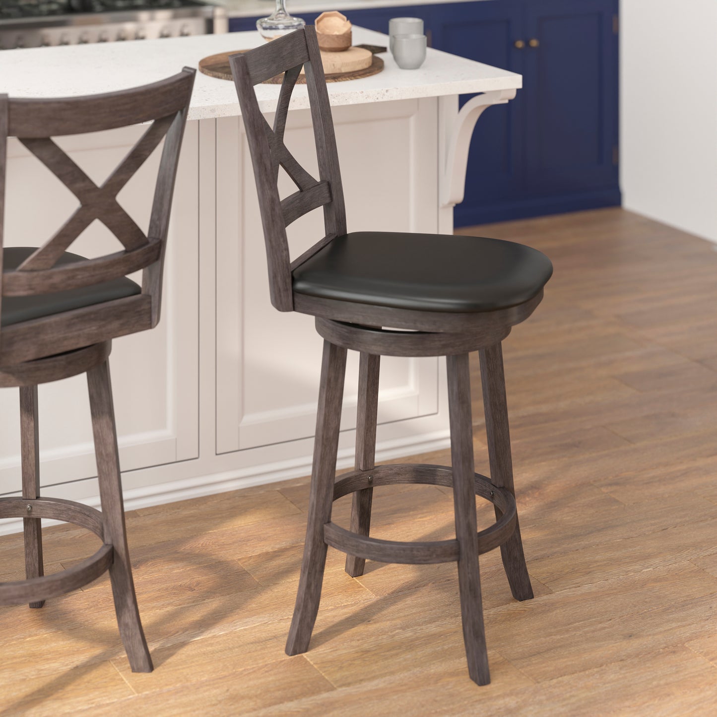 Felicity Commercial Grade Wood Classic Crossback Swivel Bar Height Barstool with Padded Black LeatherSoft Seat, Gray Wash Walnut Black Vinyl/Gray Wash Walnut Frame ES-UN1-29-GY-GG