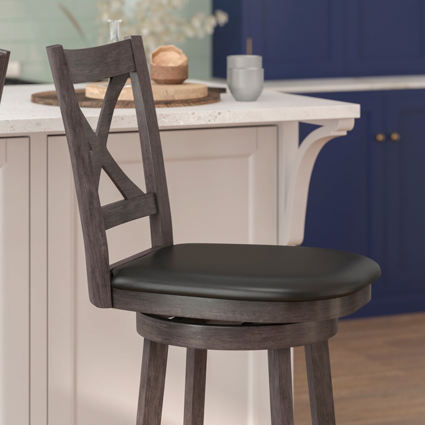 Felicity Commercial Grade Wood Classic Crossback Swivel Bar Height Barstool with Padded Black LeatherSoft Seat, Gray Wash Walnut Black Vinyl/Gray Wash Walnut Frame ES-UN1-29-GY-GG