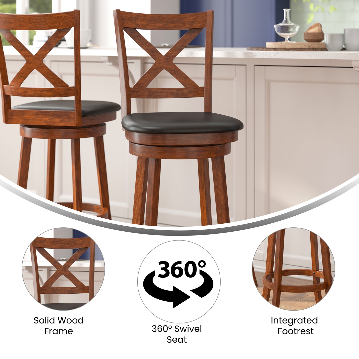 Felicity Commercial Grade Wood Classic Crossback Swivel Bar Height Barstool with Padded Black LeatherSoft Seat, Antique Oak Black Vinyl/Antique Oak Frame ES-UN1-29-OAK-GG