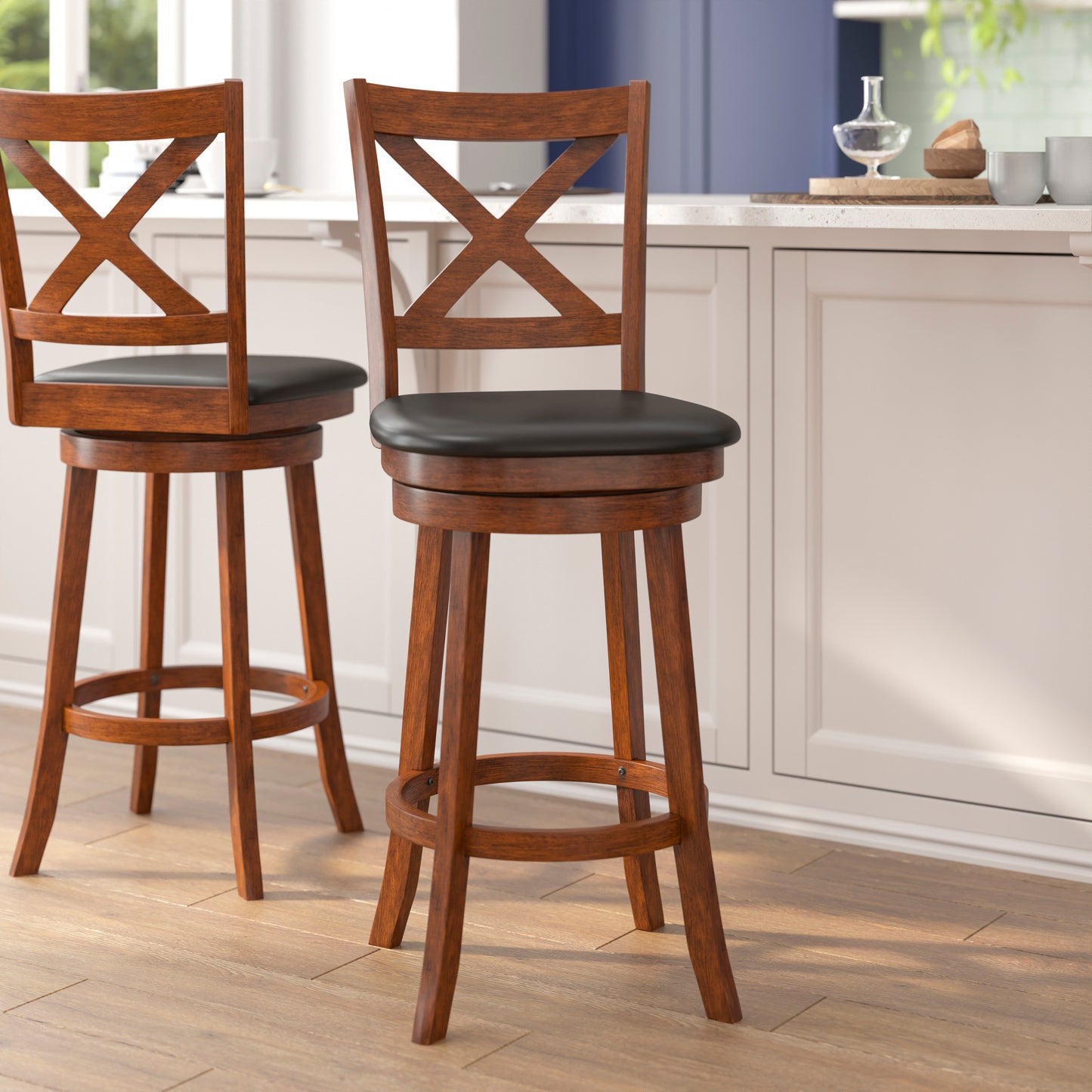 Felicity Commercial Grade Wood Classic Crossback Swivel Bar Height Barstool with Padded Black LeatherSoft Seat, Antique Oak Black Vinyl/Antique Oak Frame ES-UN1-29-OAK-GG
