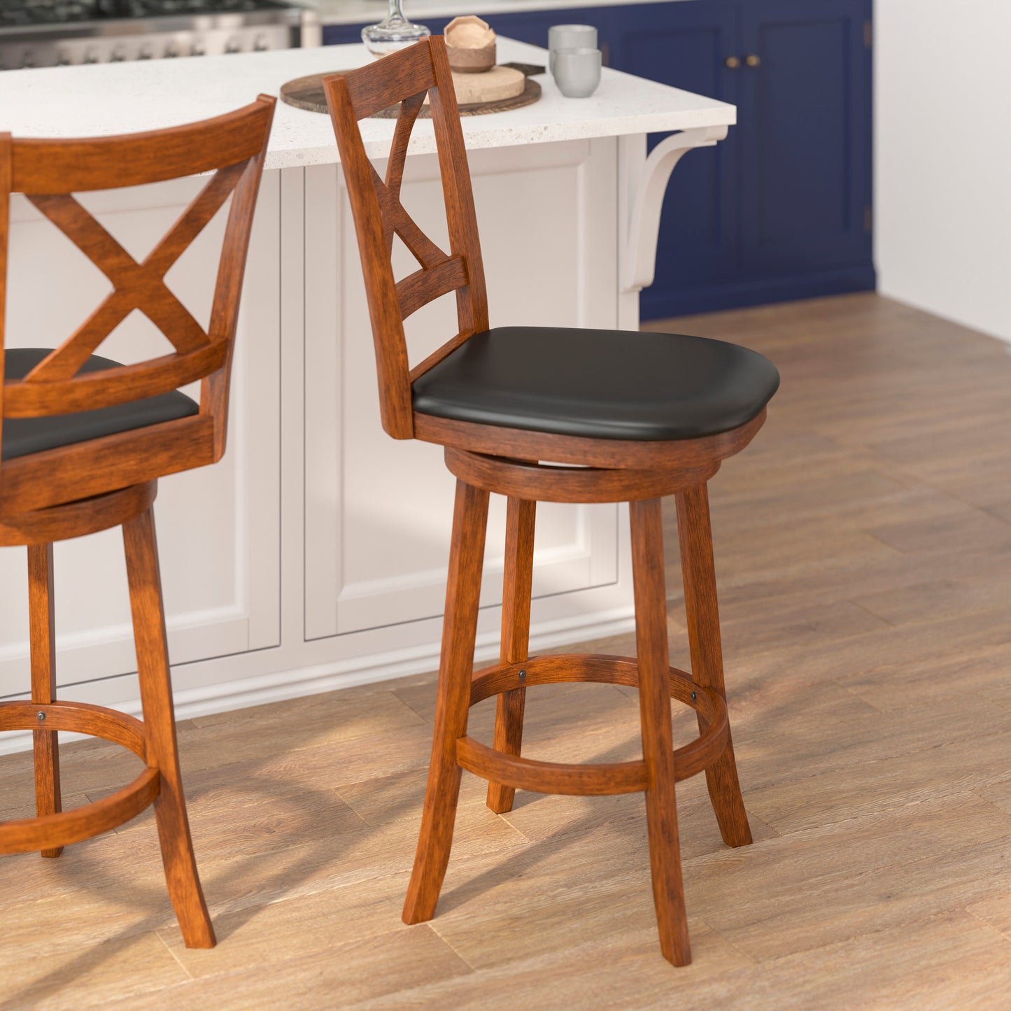Felicity Commercial Grade Wood Classic Crossback Swivel Bar Height Barstool with Padded Black LeatherSoft Seat, Antique Oak Black Vinyl/Antique Oak Frame ES-UN1-29-OAK-GG