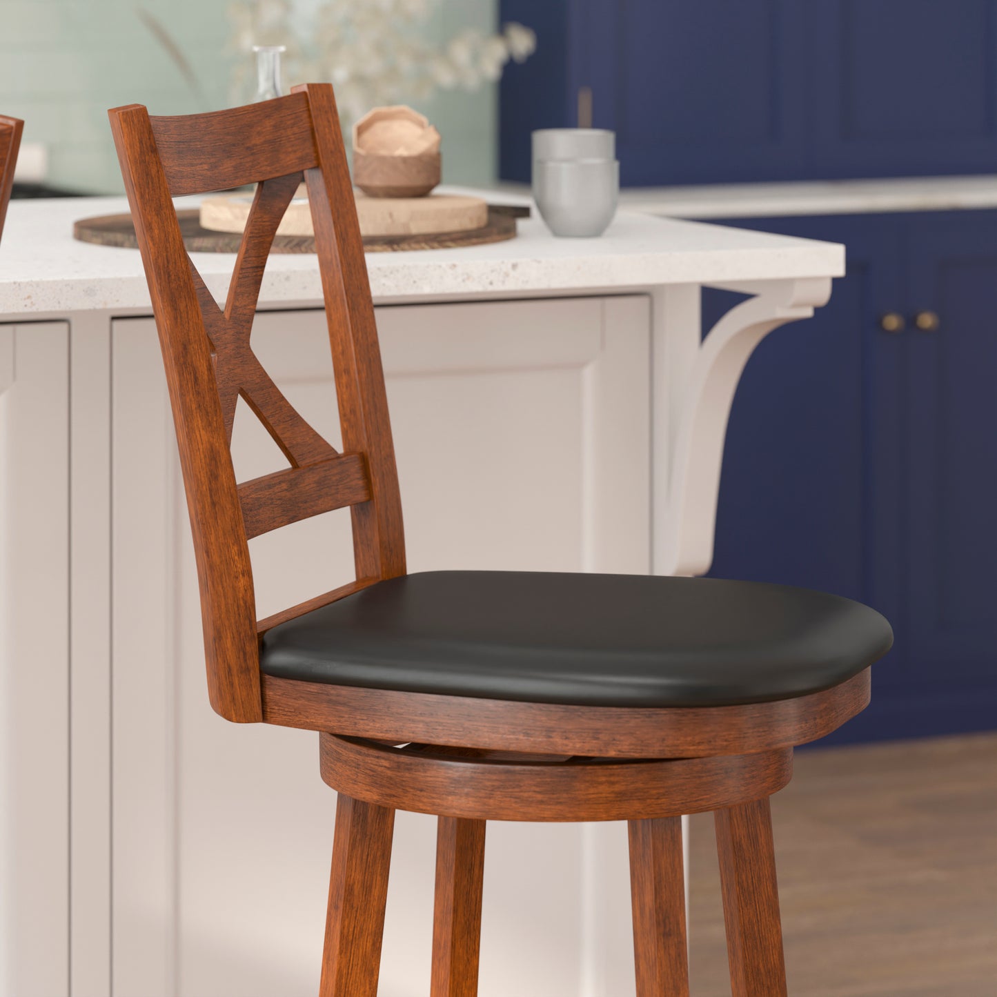 Felicity Commercial Grade Wood Classic Crossback Swivel Bar Height Barstool with Padded Black LeatherSoft Seat, Antique Oak Black Vinyl/Antique Oak Frame ES-UN1-29-OAK-GG