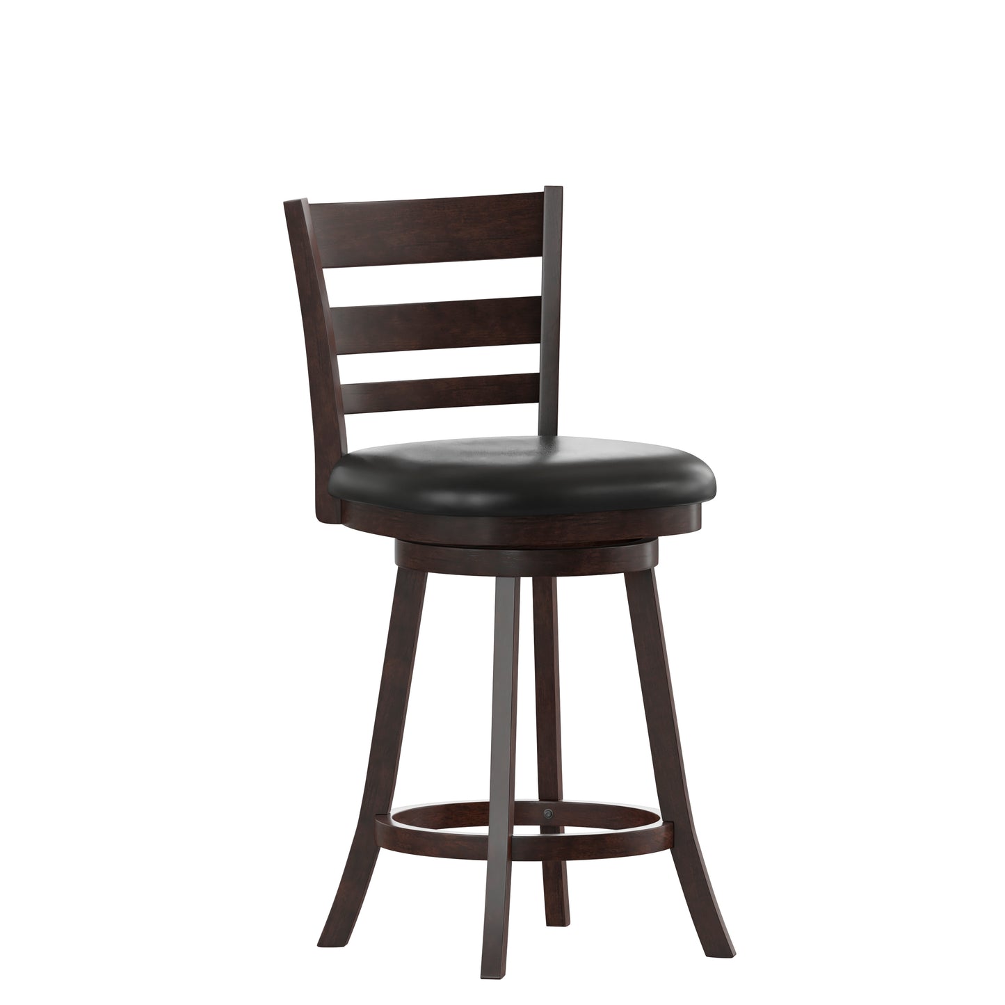Zerrick Commercial Grade Wood Classic Ladderback Swivel Counter Height Barstool with Padded Black LeatherSoft Seat, Espresso Black Vinyl/Espresso Frame