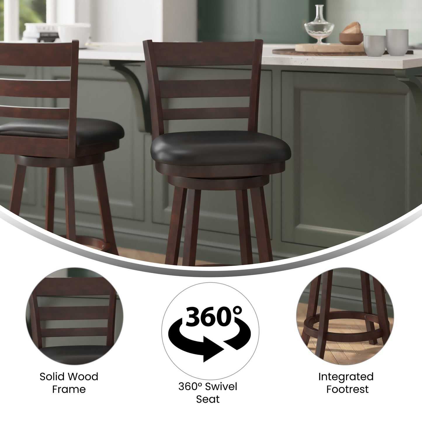 Zerrick Commercial Grade Wood Classic Ladderback Swivel Counter Height Barstool with Padded Black LeatherSoft Seat, Espresso Black Vinyl/Espresso Frame