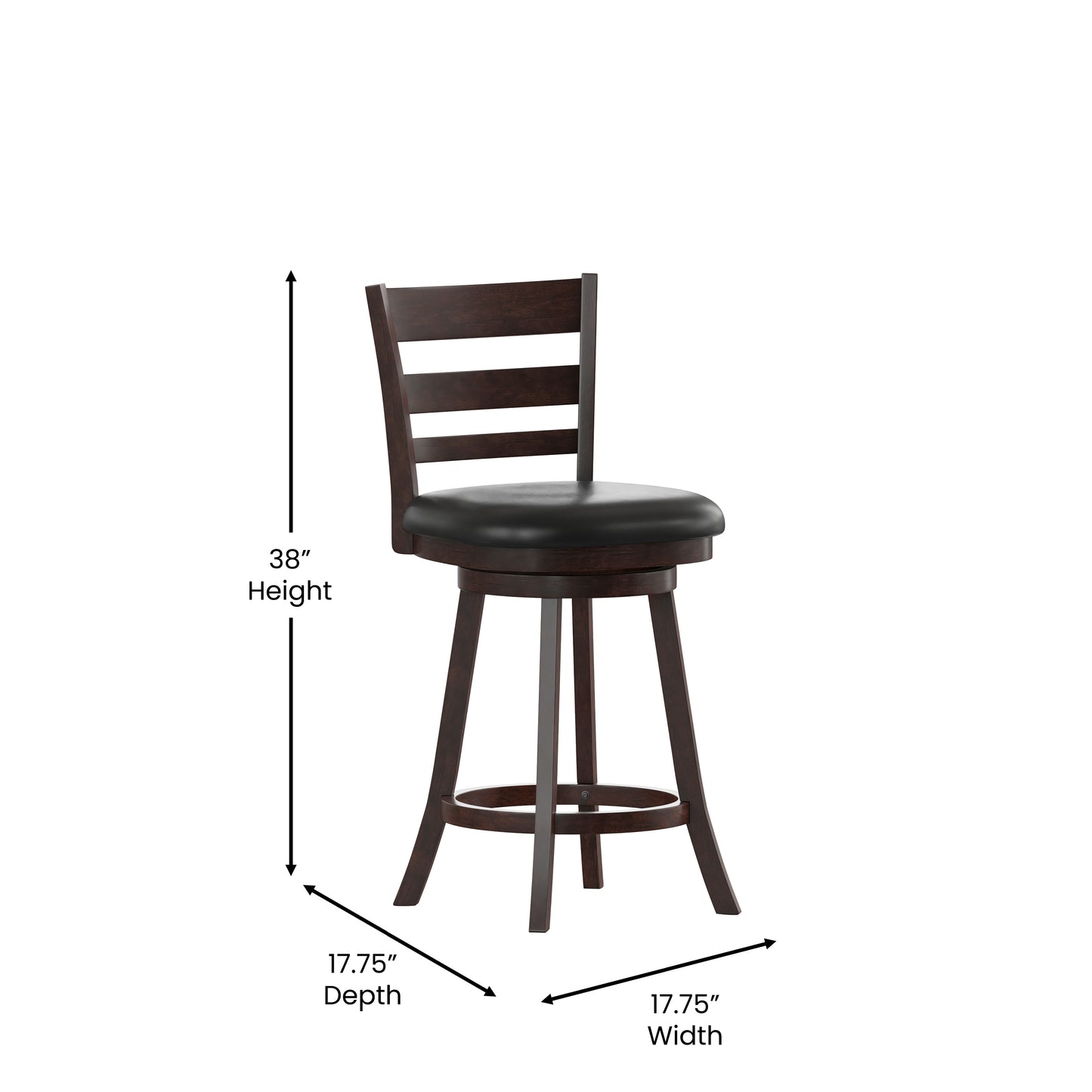 Zerrick Commercial Grade Wood Classic Ladderback Swivel Counter Height Barstool with Padded Black LeatherSoft Seat, Espresso Black Vinyl/Espresso Frame