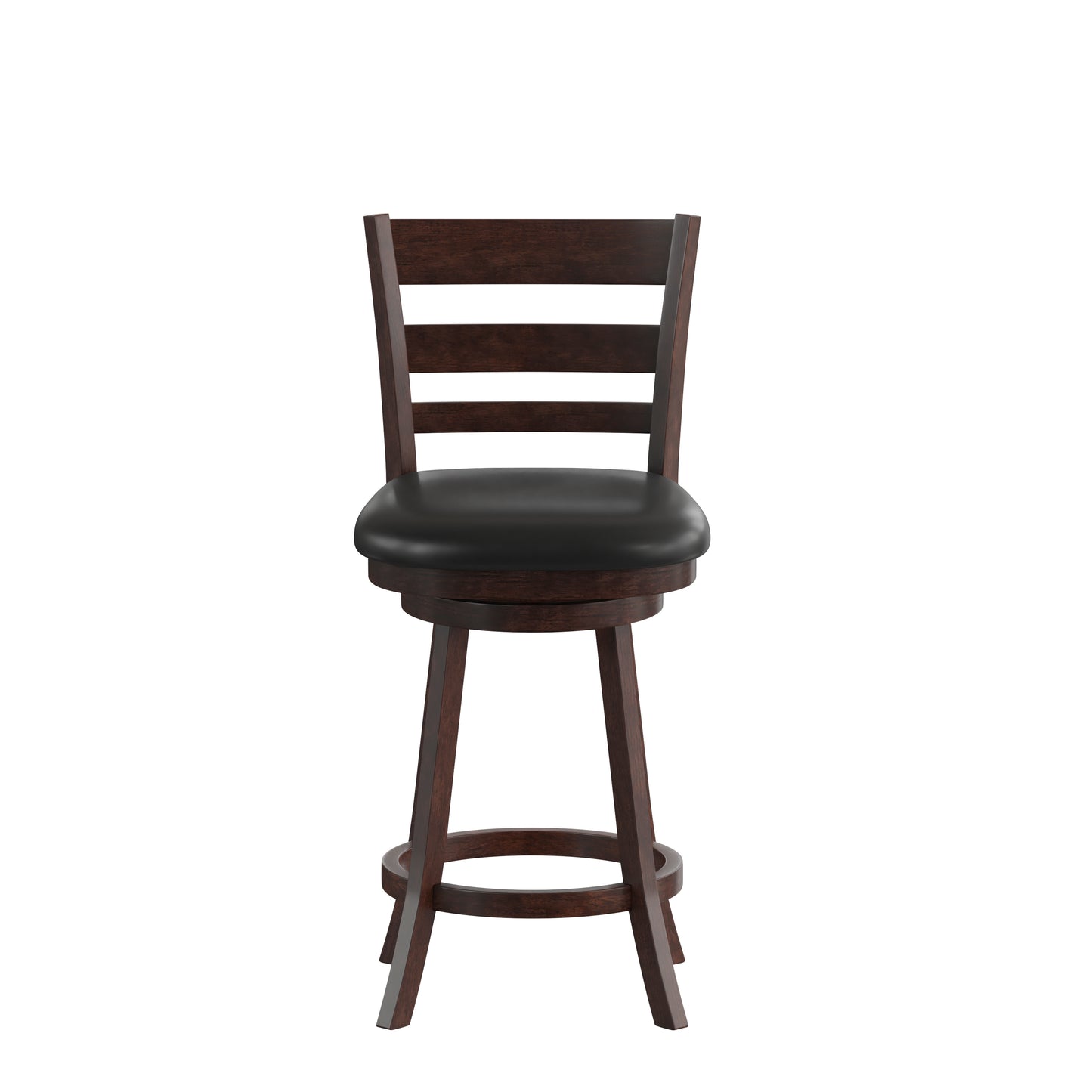 Zerrick Commercial Grade Wood Classic Ladderback Swivel Counter Height Barstool with Padded Black LeatherSoft Seat, Espresso Black Vinyl/Espresso Frame