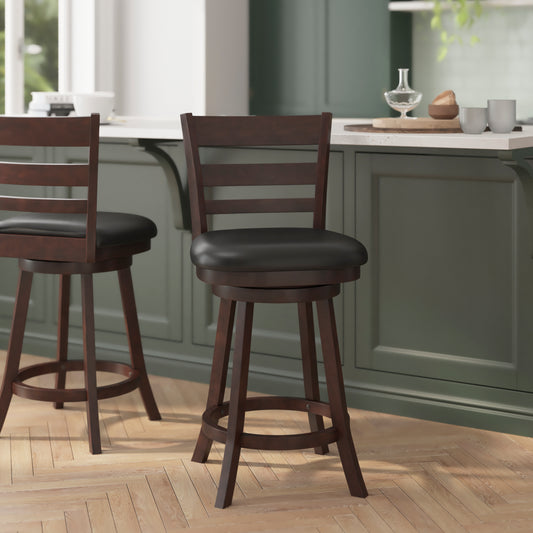 Zerrick Commercial Grade Wood Classic Ladderback Swivel Counter Height Barstool with Padded Black LeatherSoft Seat, Espresso Black Vinyl/Espresso Frame ES-UN3-24-ESP-GG