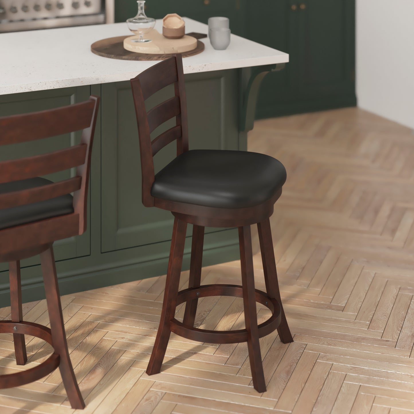 Zerrick Commercial Grade Wood Classic Ladderback Swivel Counter Height Barstool with Padded Black LeatherSoft Seat, Espresso Black Vinyl/Espresso Frame