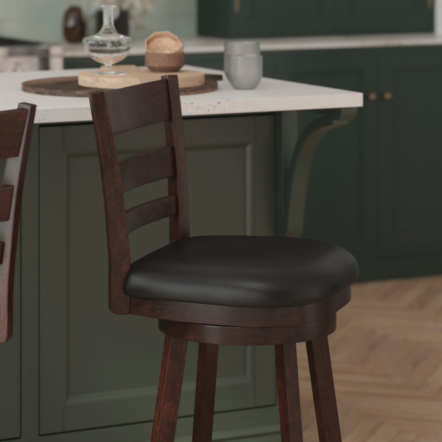 Zerrick Commercial Grade Wood Classic Ladderback Swivel Counter Height Barstool with Padded Black LeatherSoft Seat, Espresso Black Vinyl/Espresso Frame