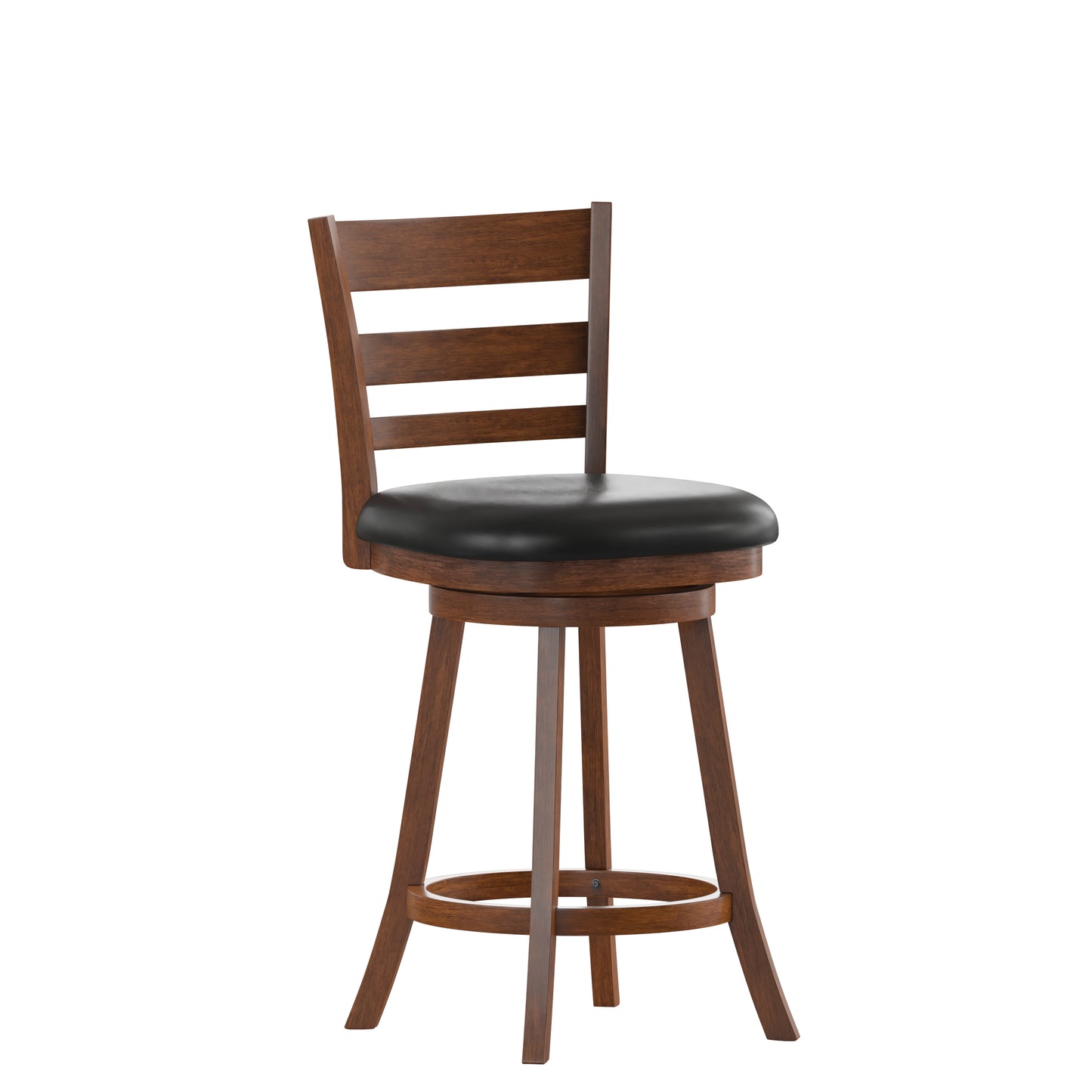 Zerrick Commercial Grade Wood Classic Ladderback Swivel Counter Height Barstool with Padded Black LeatherSoft Seat, Antique Oak Black Vinyl/Antique Oak Frame ES-UN3-24-OAK-GG
