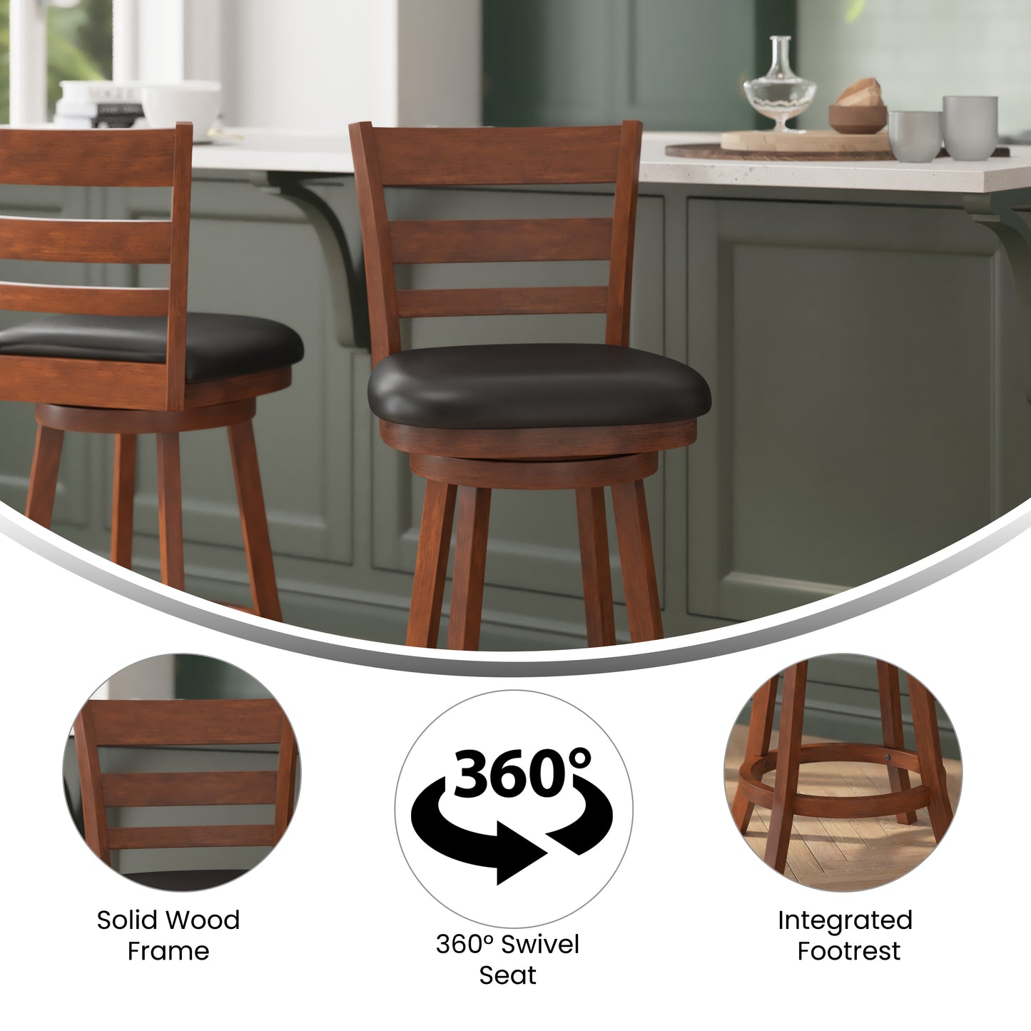 Zerrick Commercial Grade Wood Classic Ladderback Swivel Counter Height Barstool with Padded Black LeatherSoft Seat, Antique Oak Black Vinyl/Antique Oak Frame ES-UN3-24-OAK-GG