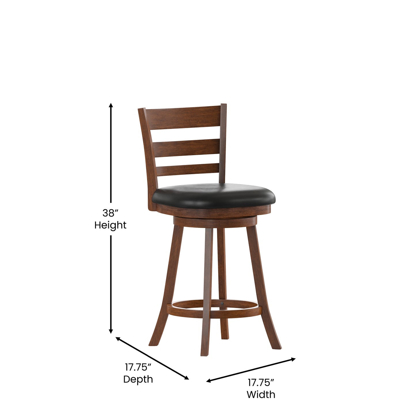 Zerrick Commercial Grade Wood Classic Ladderback Swivel Counter Height Barstool with Padded Black LeatherSoft Seat, Antique Oak Black Vinyl/Antique Oak Frame ES-UN3-24-OAK-GG