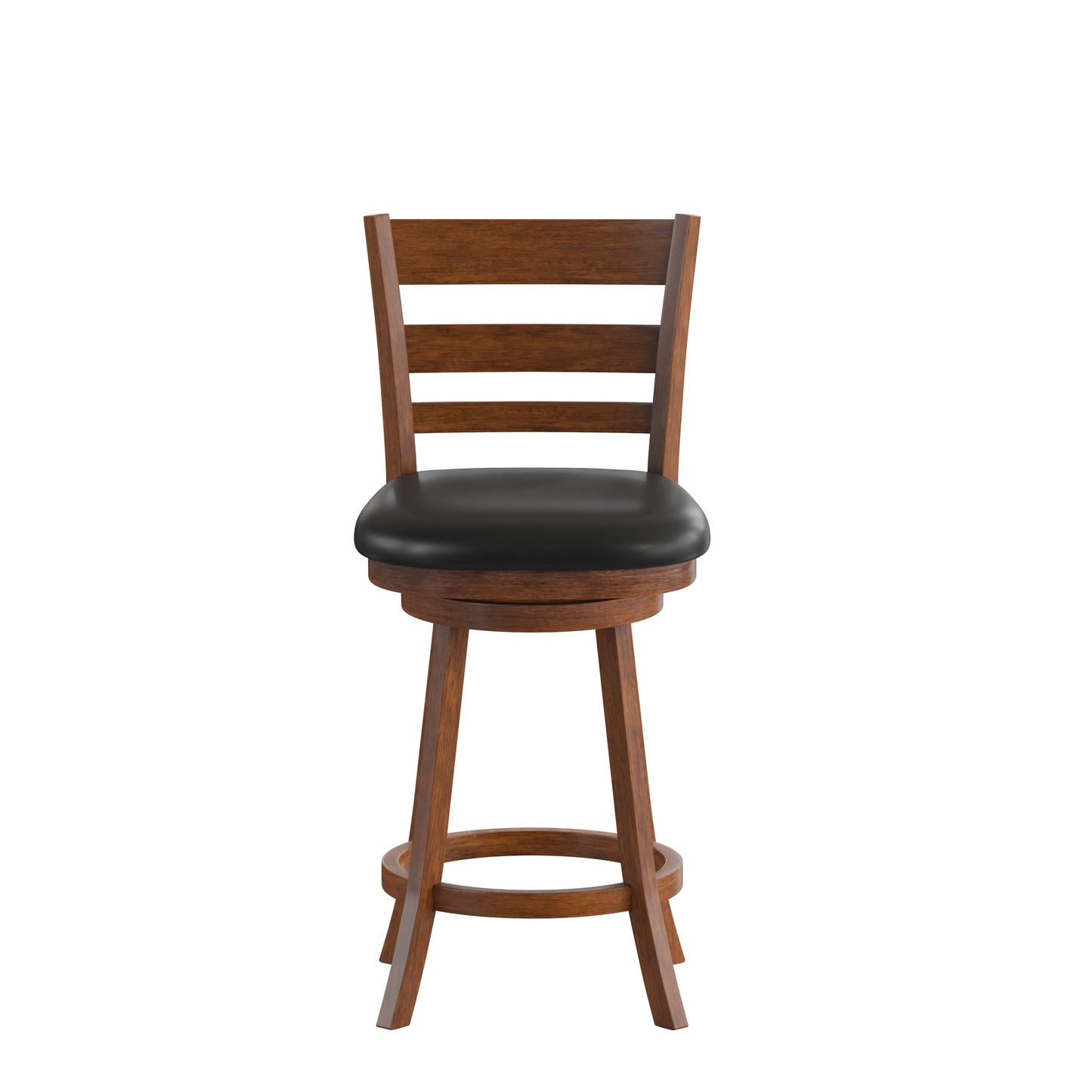 Zerrick Commercial Grade Wood Classic Ladderback Swivel Counter Height Barstool with Padded Black LeatherSoft Seat, Antique Oak Black Vinyl/Antique Oak Frame ES-UN3-24-OAK-GG