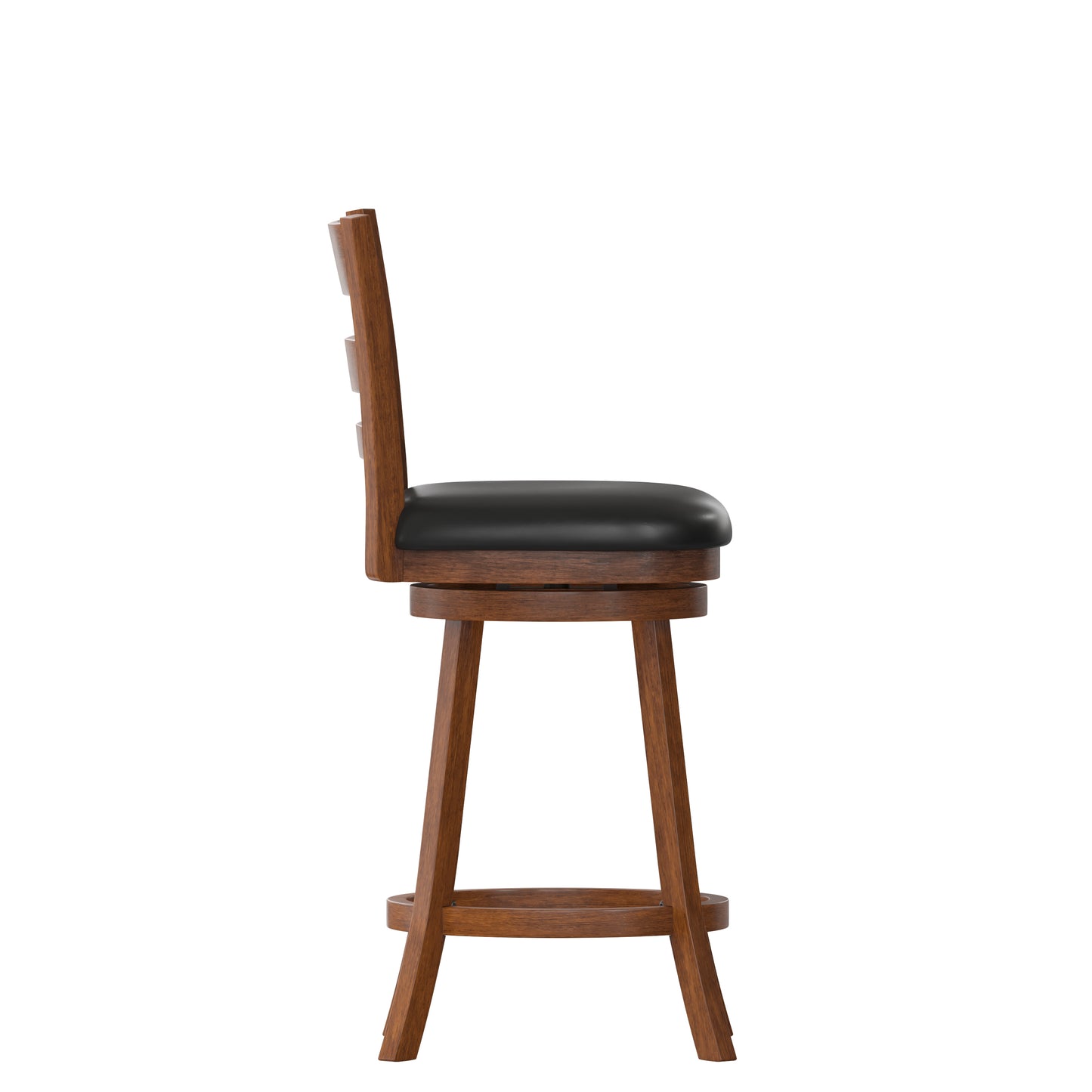 Zerrick Commercial Grade Wood Classic Ladderback Swivel Counter Height Barstool with Padded Black LeatherSoft Seat, Antique Oak Black Vinyl/Antique Oak Frame ES-UN3-24-OAK-GG