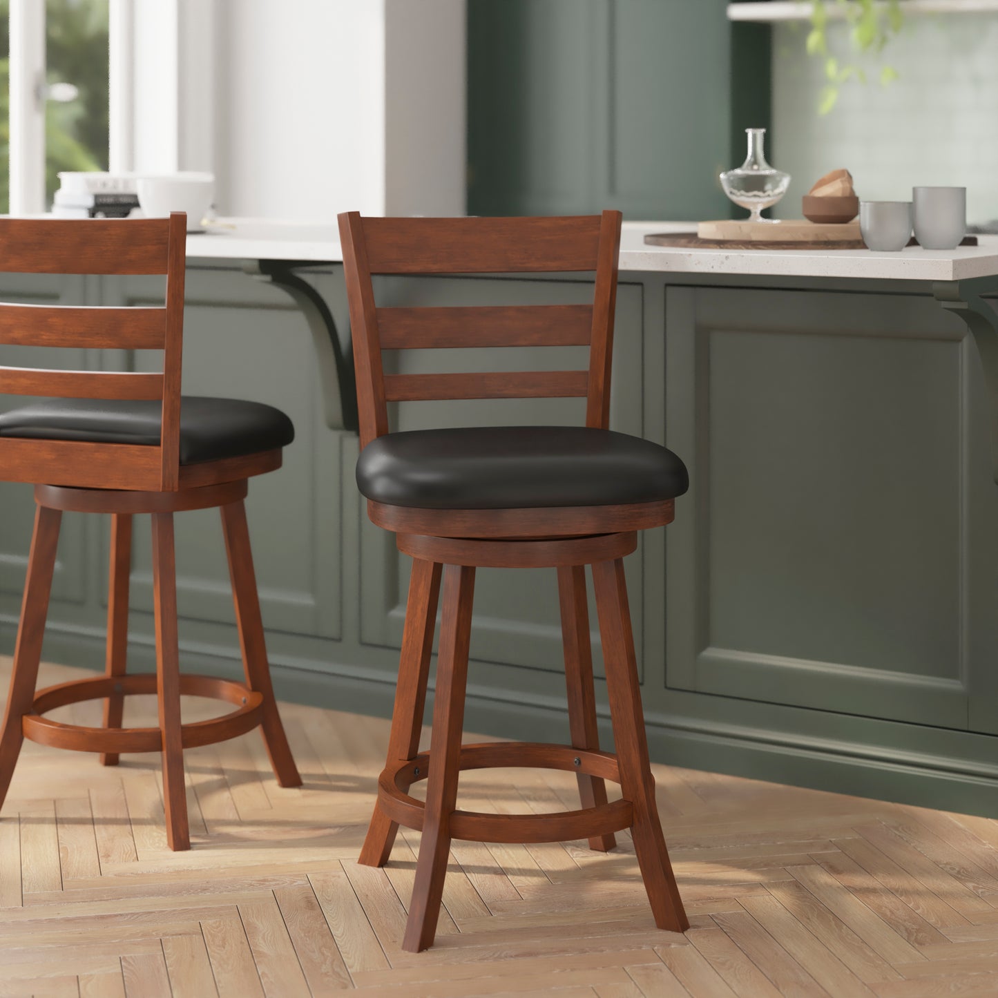 Zerrick Commercial Grade Wood Classic Ladderback Swivel Counter Height Barstool with Padded Black LeatherSoft Seat, Antique Oak Black Vinyl/Antique Oak Frame ES-UN3-24-OAK-GG