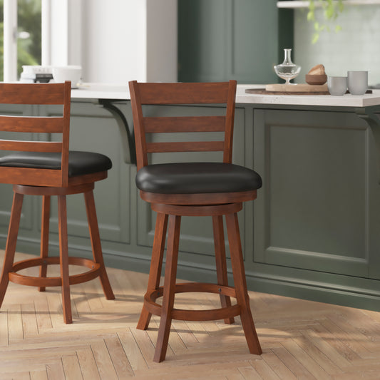 Zerrick Commercial Grade Wood Classic Ladderback Swivel Counter Height Barstool with Padded Black LeatherSoft Seat, Antique Oak Black Vinyl/Antique Oak Frame ES-UN3-24-OAK-GG