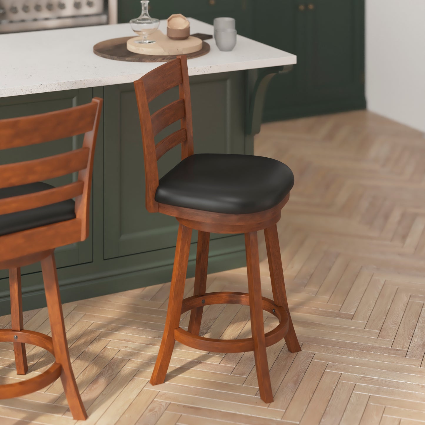 Zerrick Commercial Grade Wood Classic Ladderback Swivel Counter Height Barstool with Padded Black LeatherSoft Seat, Antique Oak Black Vinyl/Antique Oak Frame ES-UN3-24-OAK-GG