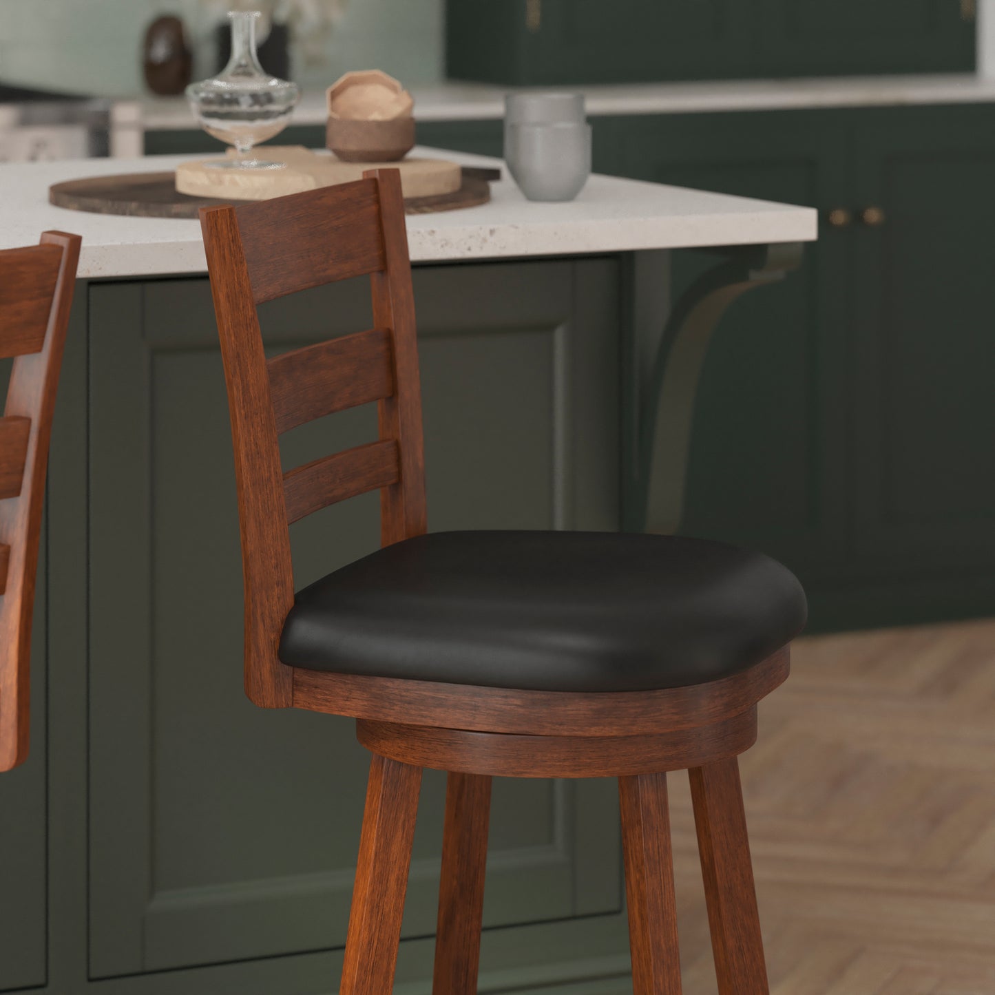 Zerrick Commercial Grade Wood Classic Ladderback Swivel Counter Height Barstool with Padded Black LeatherSoft Seat, Antique Oak Black Vinyl/Antique Oak Frame ES-UN3-24-OAK-GG