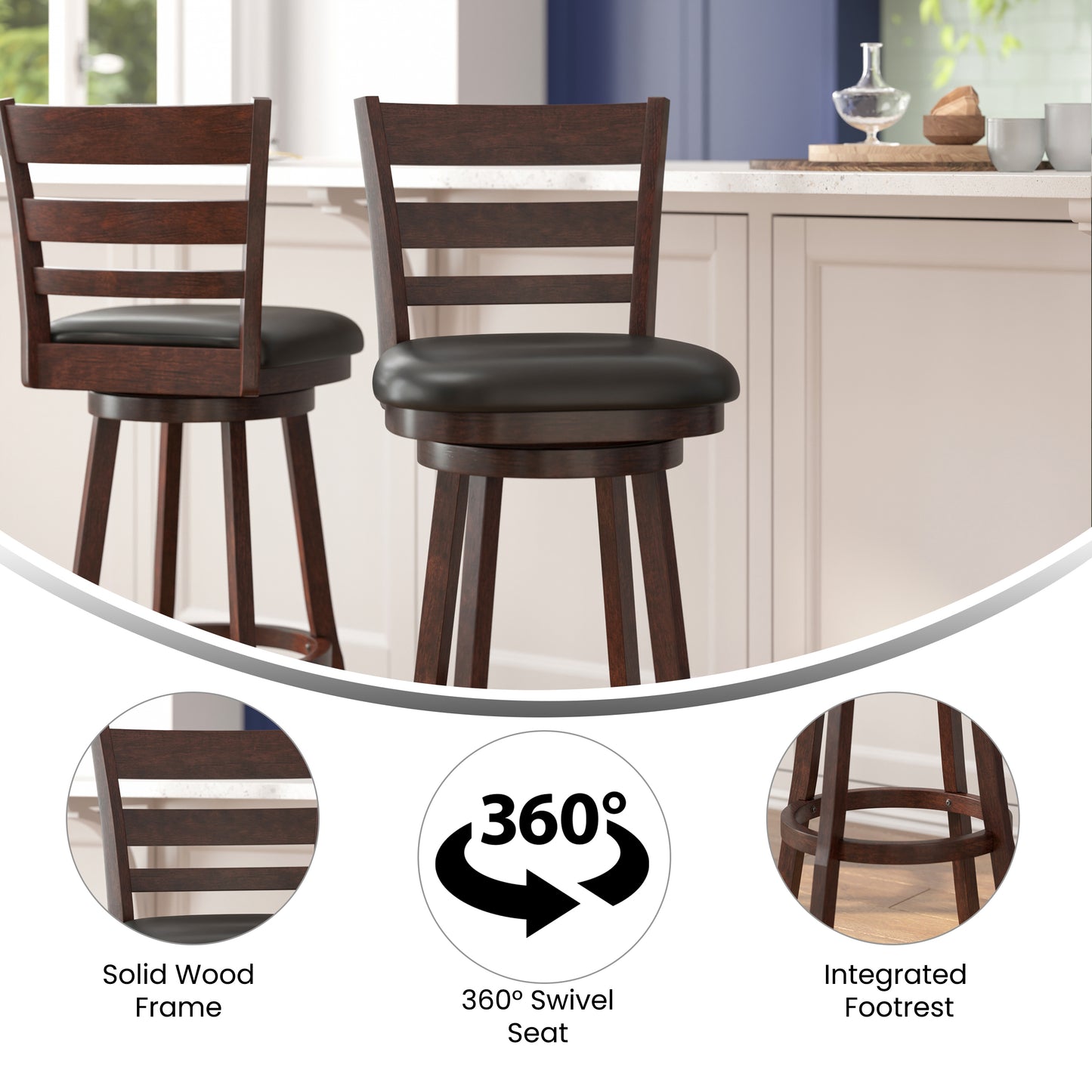 Zerrick Commercial Grade Wood Classic Ladderback Swivel Bar Height Barstool with Padded Black LeatherSoft Seat, Espresso Black Vinyl/Espresso Frame ES-UN3-29-ESP-GG