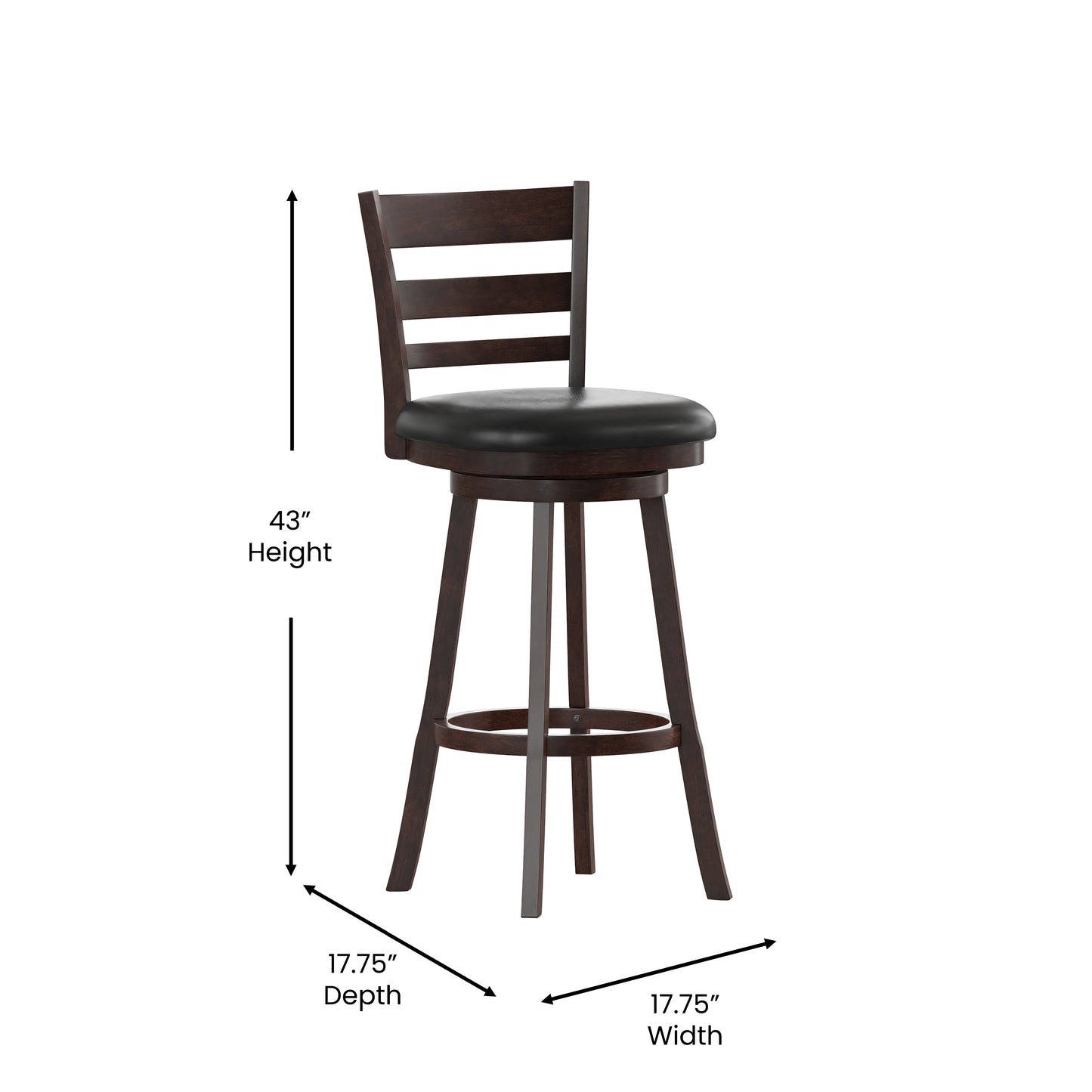 Zerrick Commercial Grade Wood Classic Ladderback Swivel Bar Height Barstool with Padded Black LeatherSoft Seat, Espresso Black Vinyl/Espresso Frame ES-UN3-29-ESP-GG