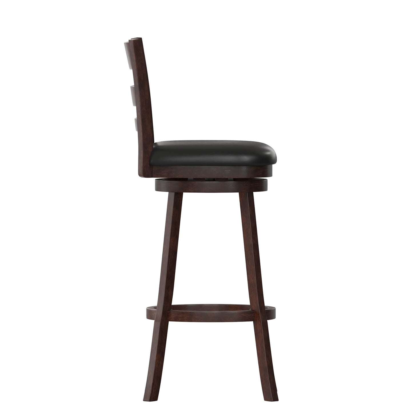 Zerrick Commercial Grade Wood Classic Ladderback Swivel Bar Height Barstool with Padded Black LeatherSoft Seat, Espresso Black Vinyl/Espresso Frame ES-UN3-29-ESP-GG