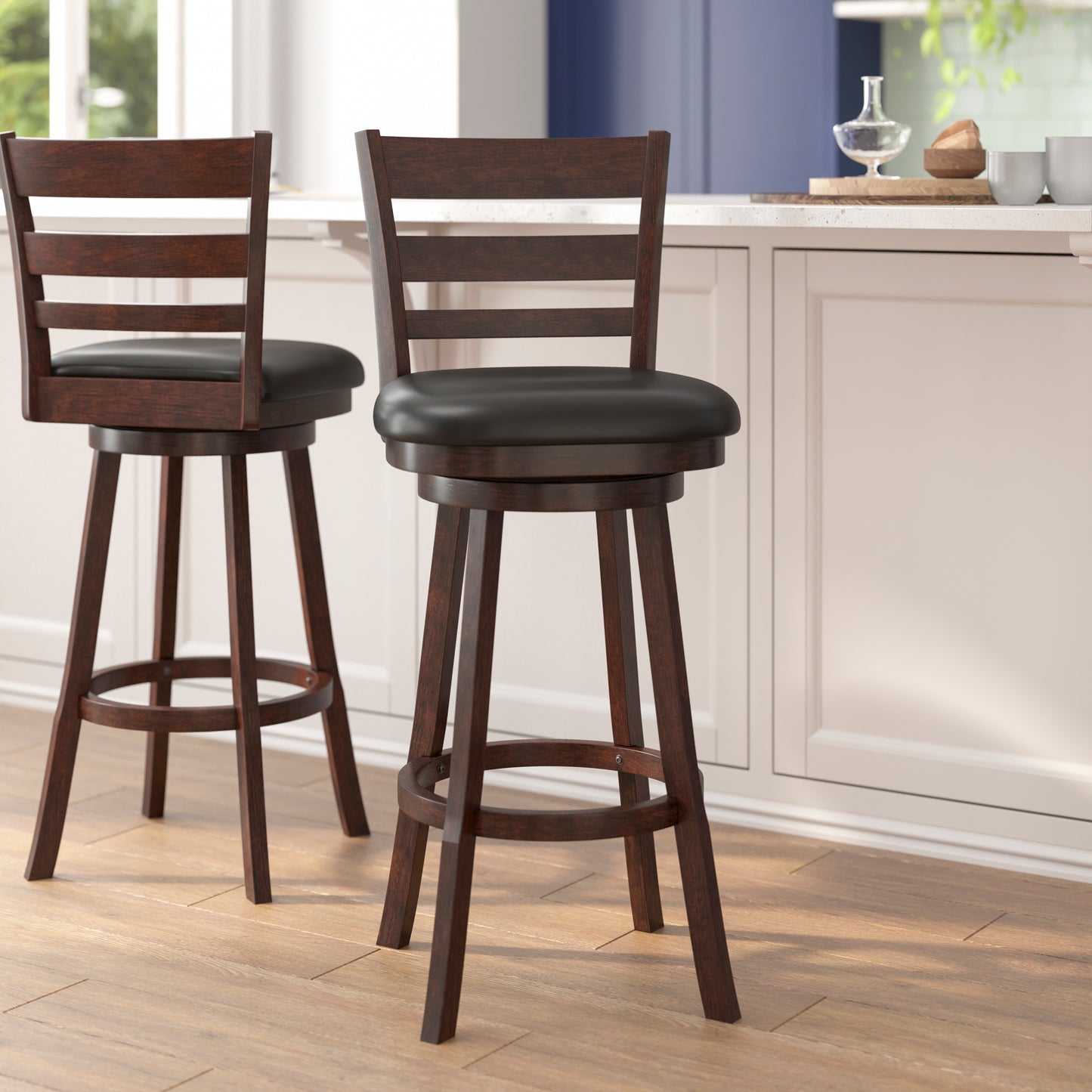 Zerrick Commercial Grade Wood Classic Ladderback Swivel Bar Height Barstool with Padded Black LeatherSoft Seat, Espresso Black Vinyl/Espresso Frame ES-UN3-29-ESP-GG
