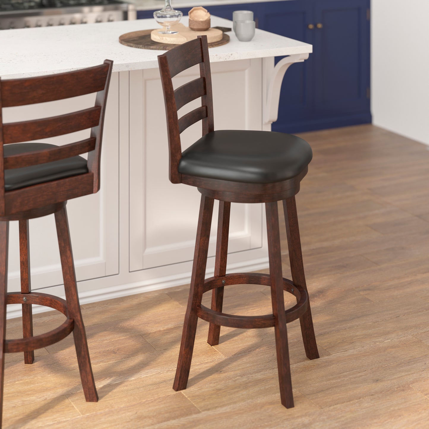 Zerrick Commercial Grade Wood Classic Ladderback Swivel Bar Height Barstool with Padded Black LeatherSoft Seat, Espresso Black Vinyl/Espresso Frame ES-UN3-29-ESP-GG