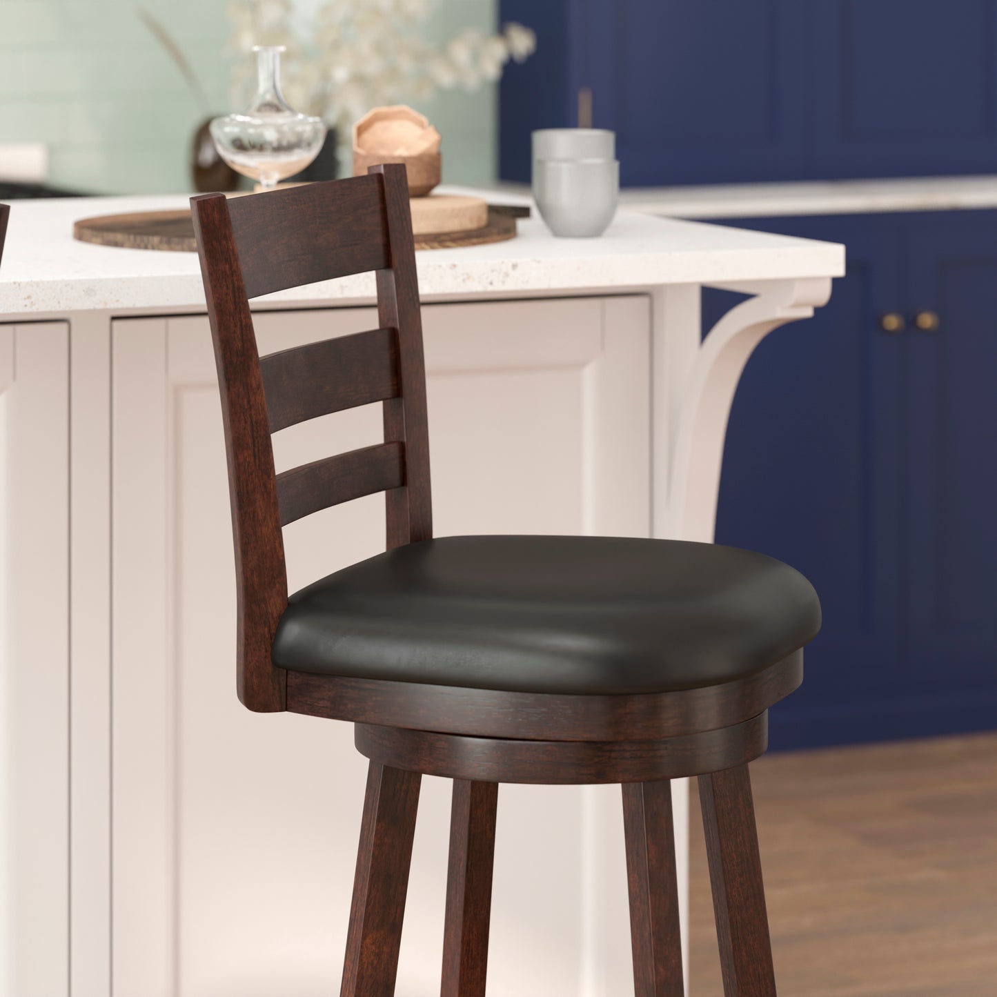 Zerrick Commercial Grade Wood Classic Ladderback Swivel Bar Height Barstool with Padded Black LeatherSoft Seat, Espresso Black Vinyl/Espresso Frame ES-UN3-29-ESP-GG