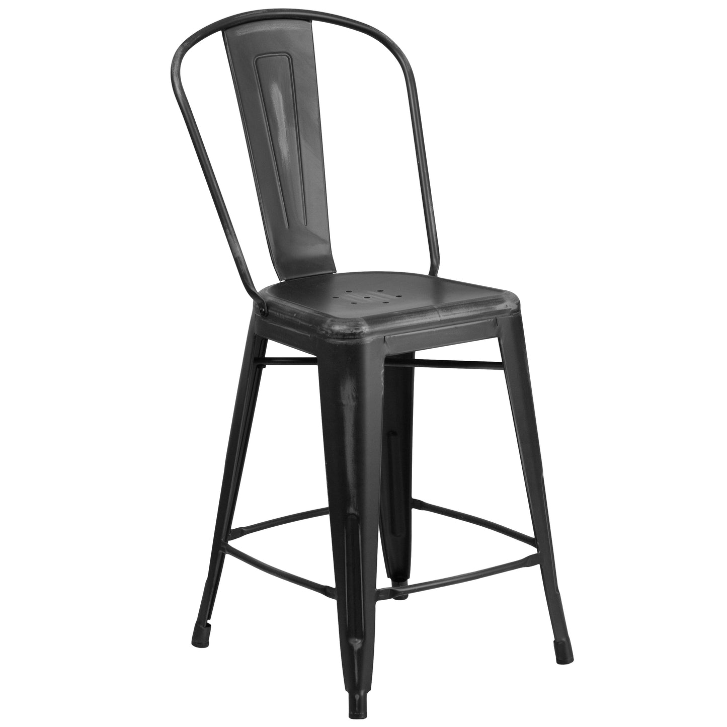 Carly Commercial Grade 24" High Distressed Black Metal Indoor-Outdoor Counter Height Stool with Back Black