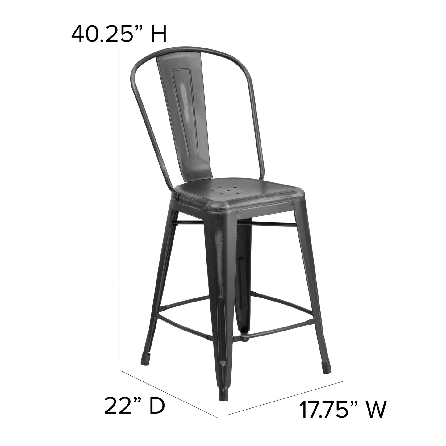 Carly Commercial Grade 24" High Distressed Black Metal Indoor-Outdoor Counter Height Stool with Back Black