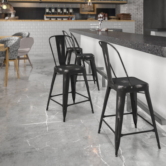 Carly Commercial Grade 24" High Distressed Black Metal Indoor-Outdoor Counter Height Stool with Back Black