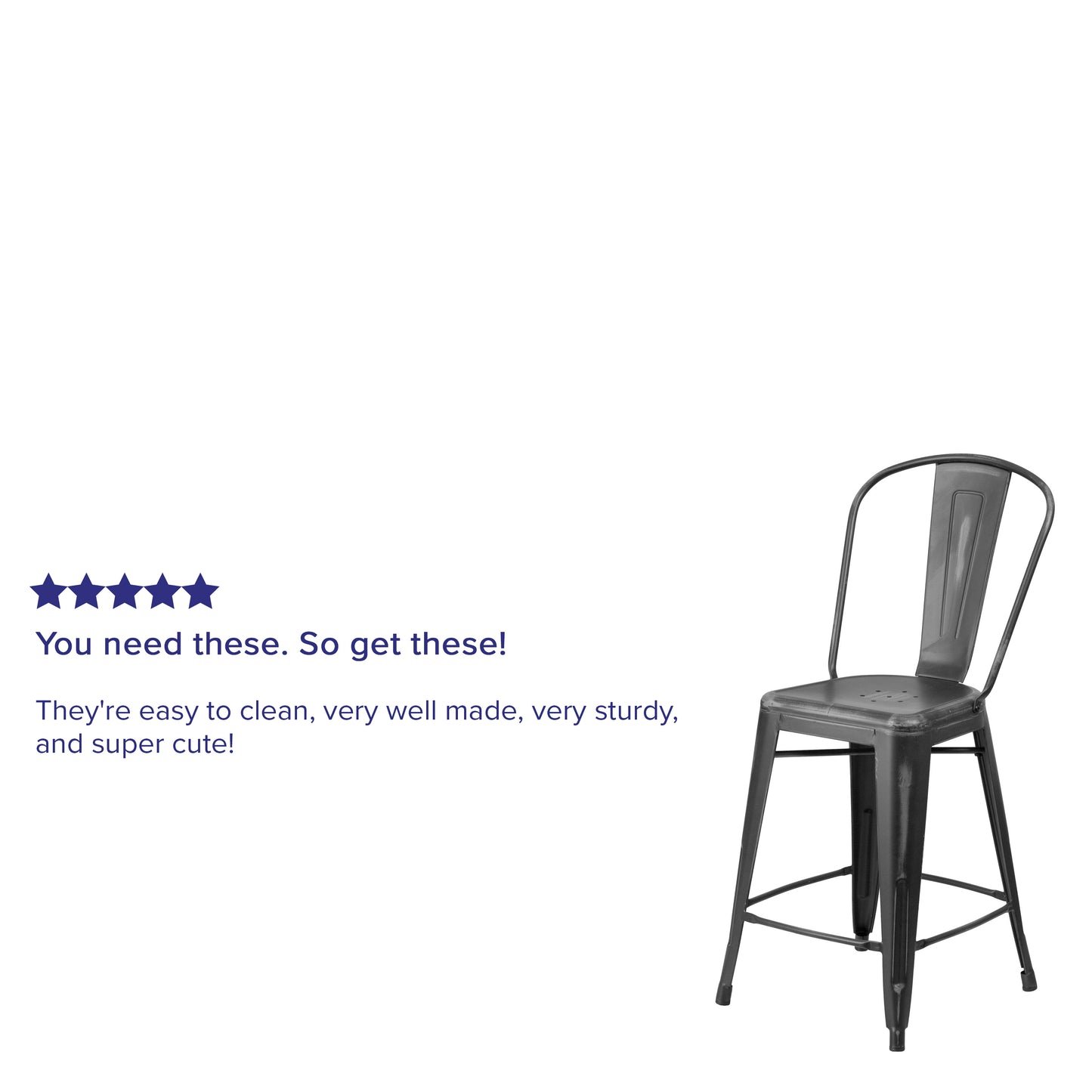 Carly Commercial Grade 24" High Distressed Black Metal Indoor-Outdoor Counter Height Stool with Back Black