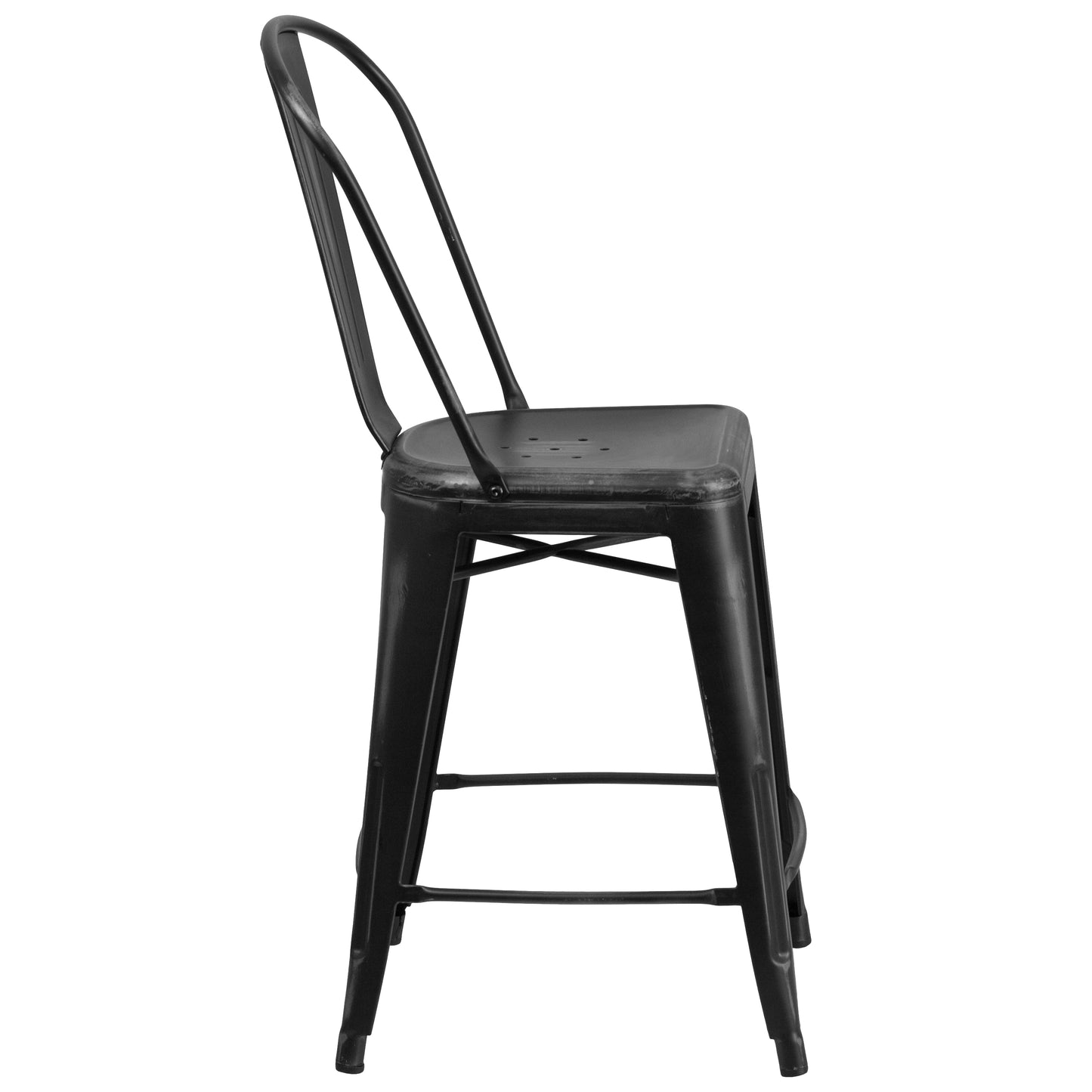Carly Commercial Grade 24" High Distressed Black Metal Indoor-Outdoor Counter Height Stool with Back Black