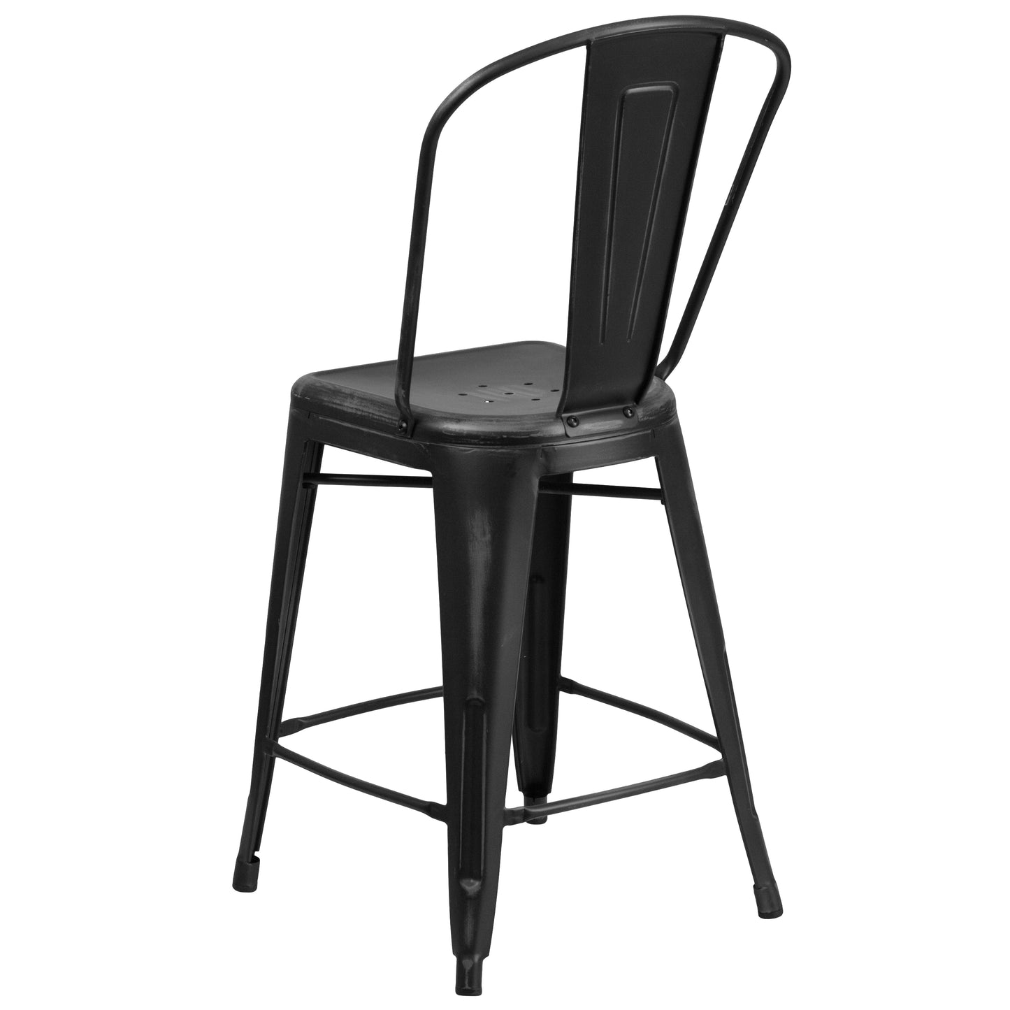 Carly Commercial Grade 24" High Distressed Black Metal Indoor-Outdoor Counter Height Stool with Back Black