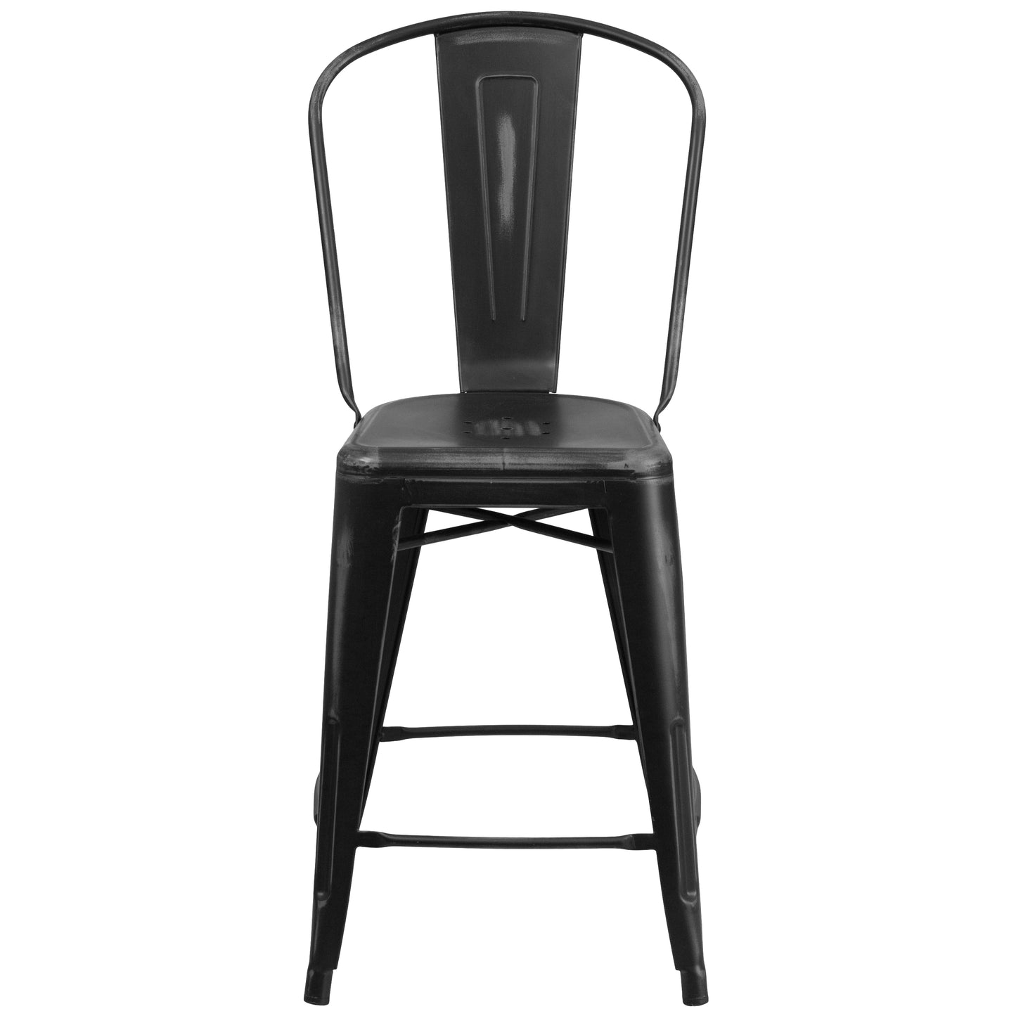 Carly Commercial Grade 24" High Distressed Black Metal Indoor-Outdoor Counter Height Stool with Back Black