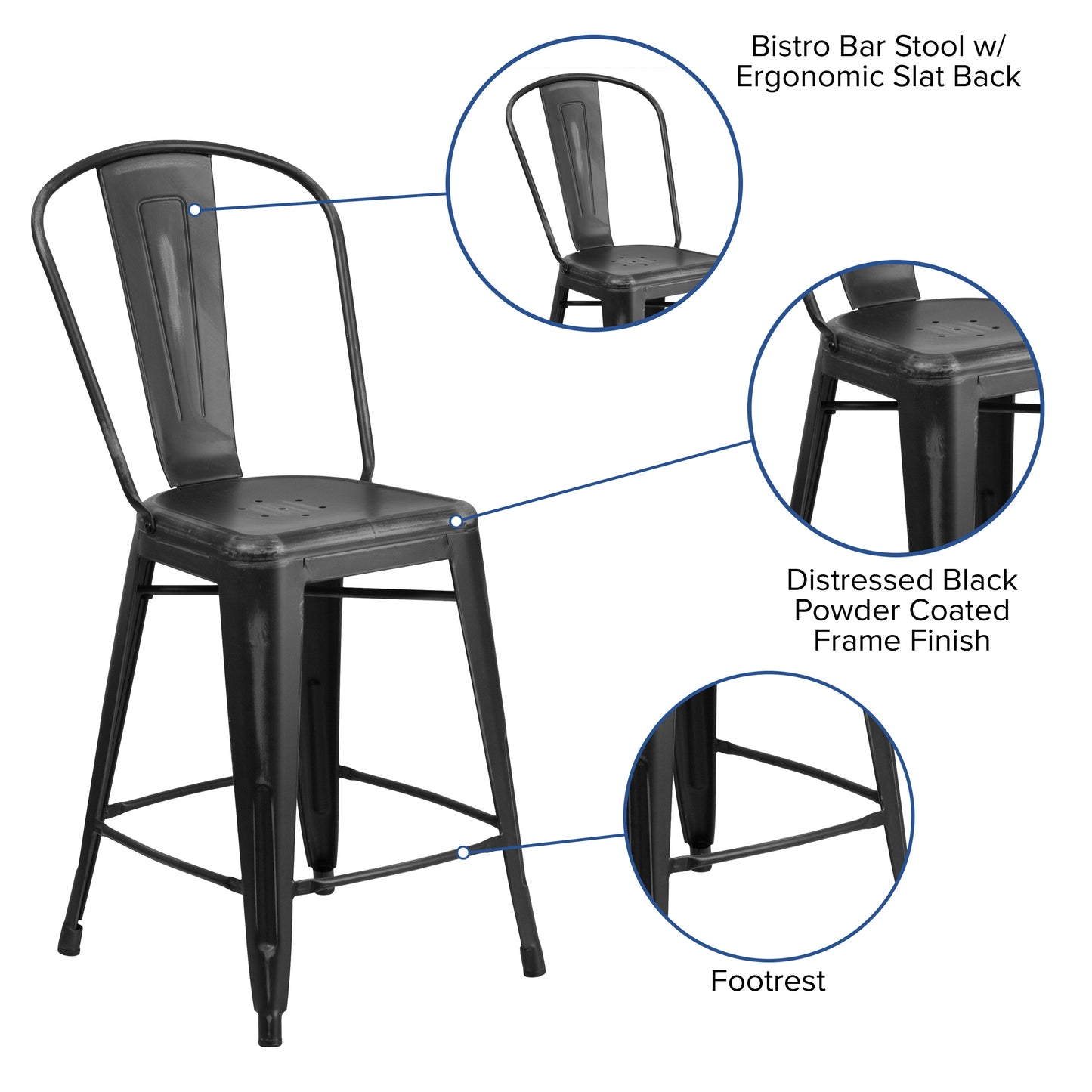 Carly Commercial Grade 24" High Distressed Black Metal Indoor-Outdoor Counter Height Stool with Back Black