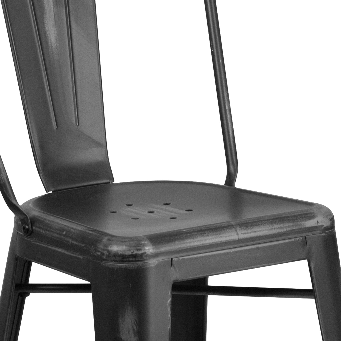 Carly Commercial Grade 24" High Distressed Black Metal Indoor-Outdoor Counter Height Stool with Back Black
