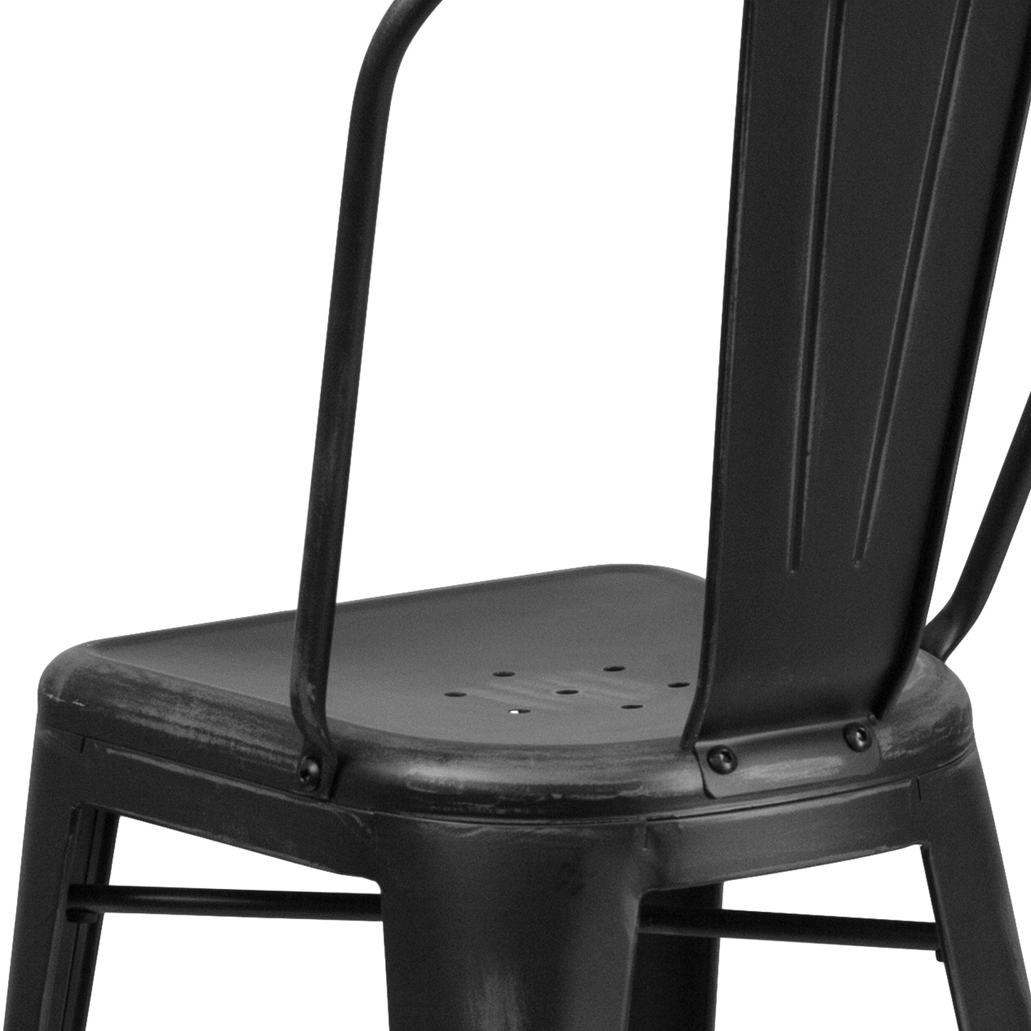 Carly Commercial Grade 24" High Distressed Black Metal Indoor-Outdoor Counter Height Stool with Back Black