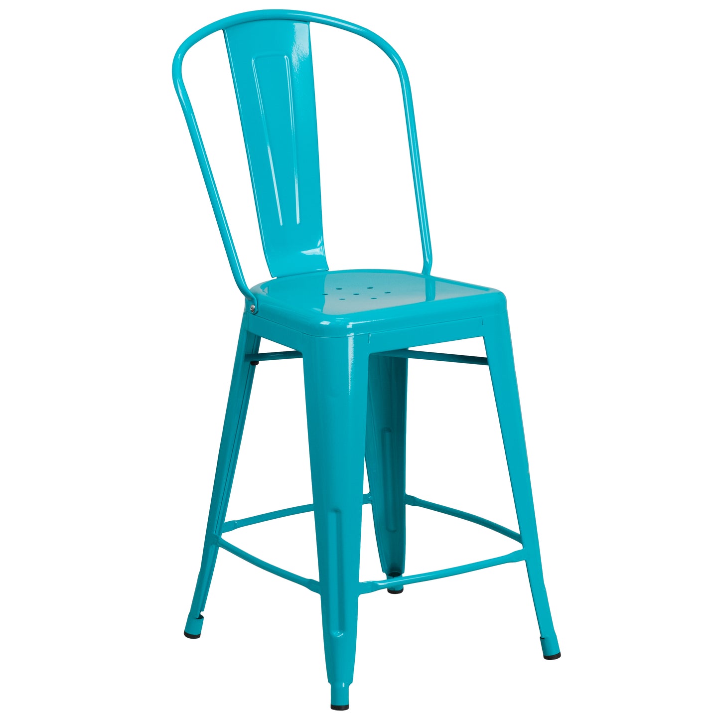 Carly Commercial Grade 24" High Crystal Teal-Blue Metal Indoor-Outdoor Counter Height Stool with Back Crystal Teal-Blue