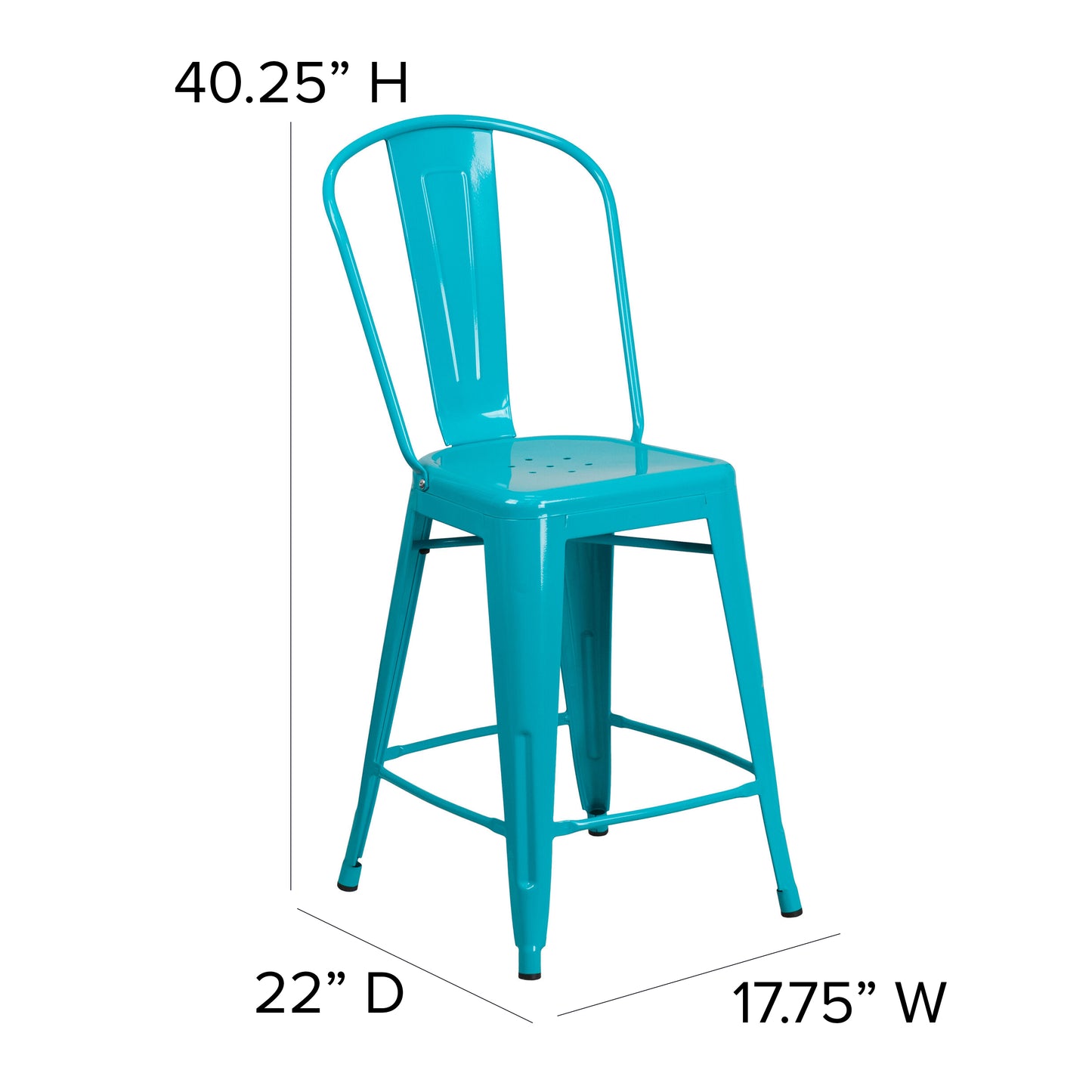 Carly Commercial Grade 24" High Crystal Teal-Blue Metal Indoor-Outdoor Counter Height Stool with Back Crystal Teal-Blue