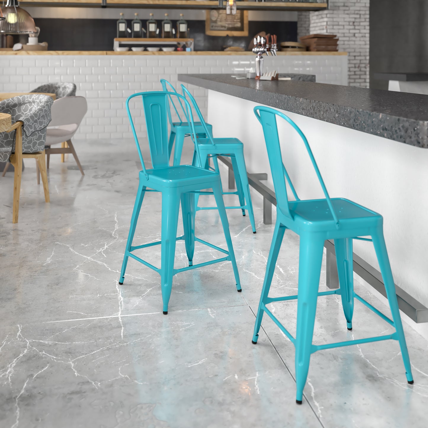 Carly Commercial Grade 24" High Crystal Teal-Blue Metal Indoor-Outdoor Counter Height Stool with Back Crystal Teal-Blue
