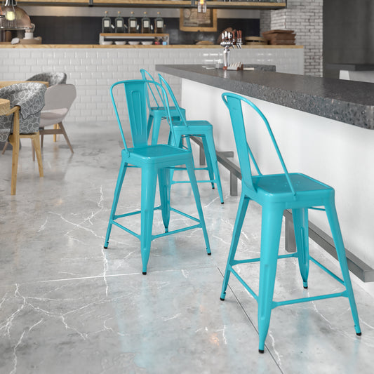 Carly Commercial Grade 24" High Crystal Teal-Blue Metal Indoor-Outdoor Counter Height Stool with Back Crystal Teal-Blue