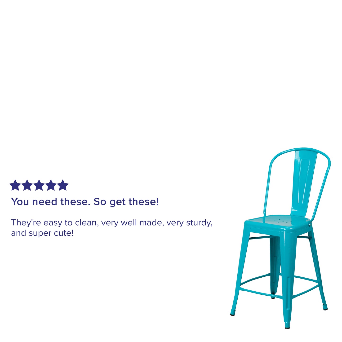 Carly Commercial Grade 24" High Crystal Teal-Blue Metal Indoor-Outdoor Counter Height Stool with Back Crystal Teal-Blue