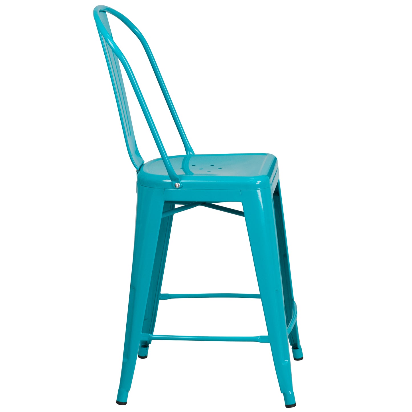 Carly Commercial Grade 24" High Crystal Teal-Blue Metal Indoor-Outdoor Counter Height Stool with Back Crystal Teal-Blue
