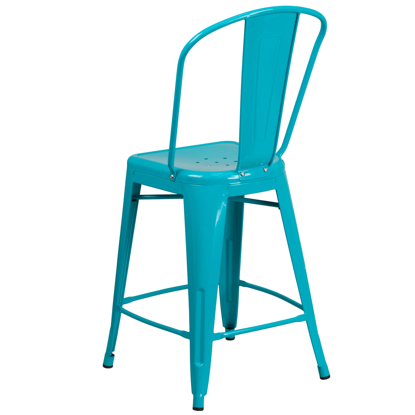 Carly Commercial Grade 24" High Crystal Teal-Blue Metal Indoor-Outdoor Counter Height Stool with Back Crystal Teal-Blue