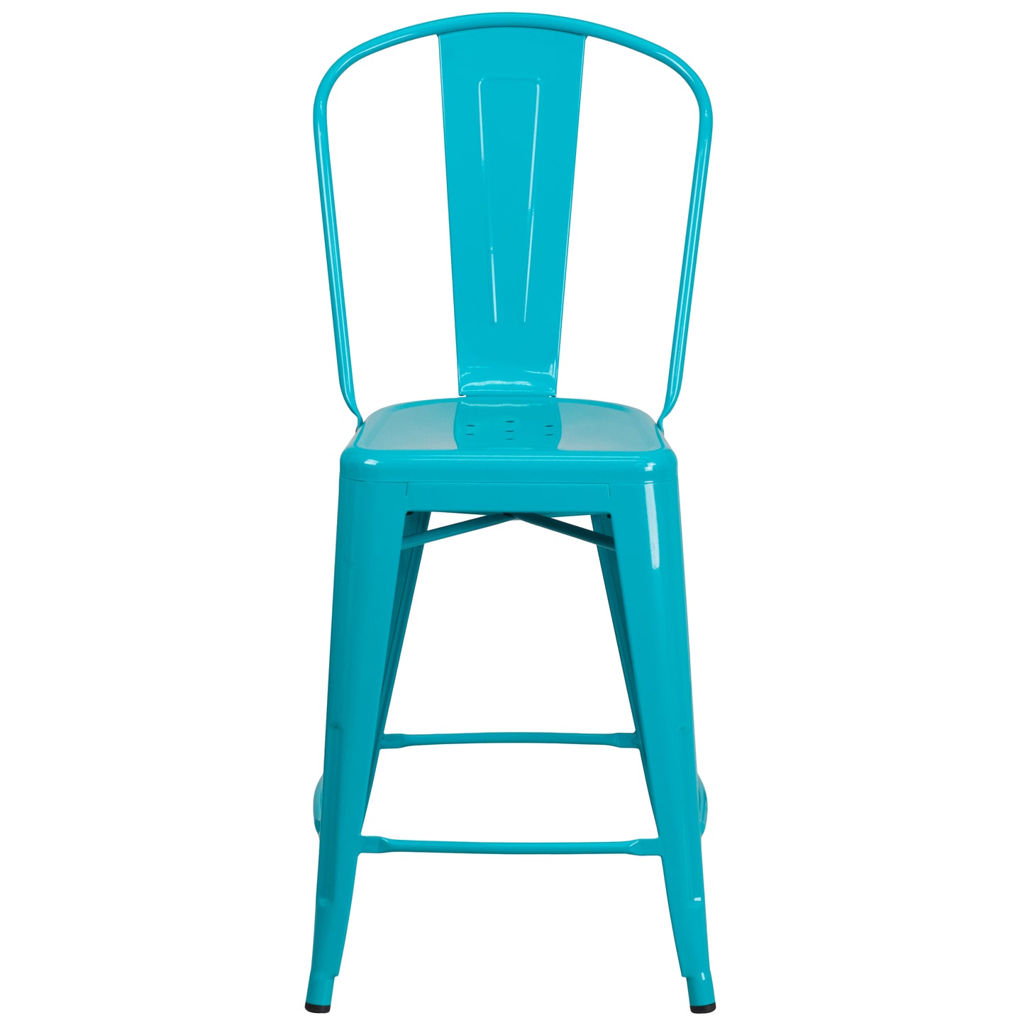 Carly Commercial Grade 24" High Crystal Teal-Blue Metal Indoor-Outdoor Counter Height Stool with Back Crystal Teal-Blue